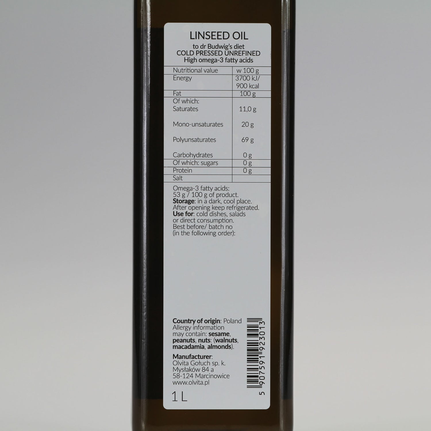 Linseed / Flaxseed oil for Dr Budwig diet, cold-pressed and crude Ol’Vita