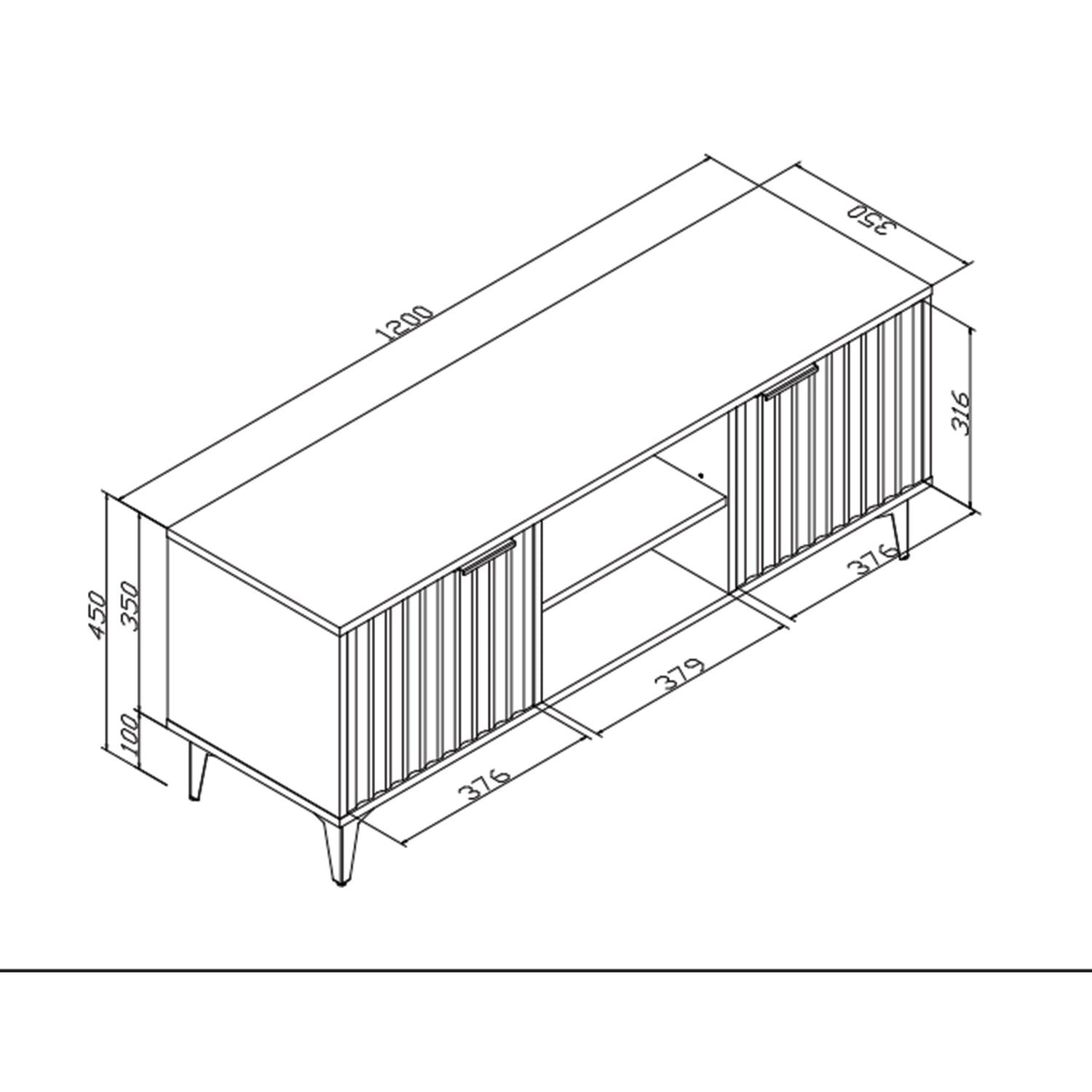 TV Stand – 120cm – Grooved Doors – Gold Legs – Modern Storage Unit – LIVARO Collection