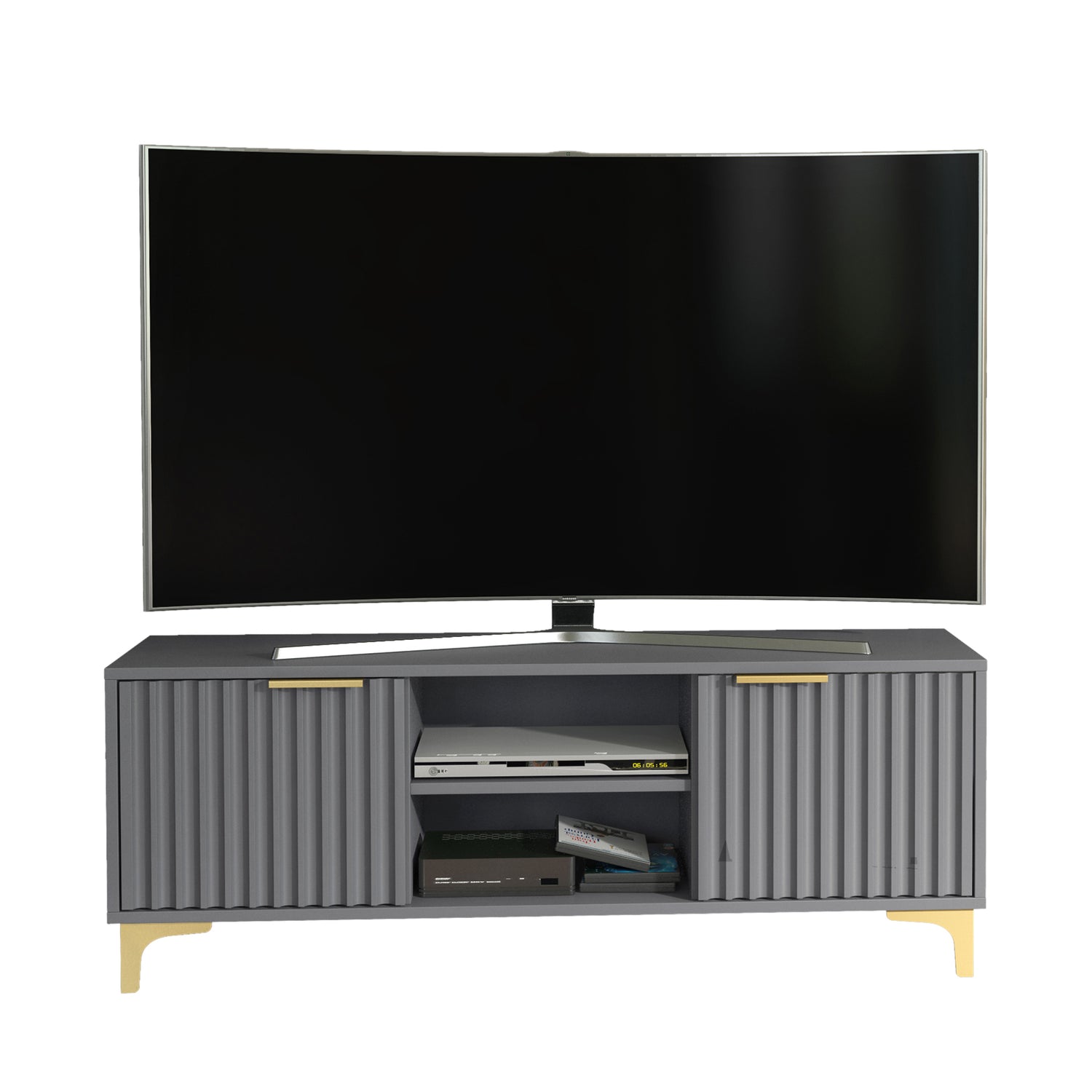 TV Stand – 120cm – Grooved Doors – Gold Legs – Modern Storage Unit – LIVARO Collection