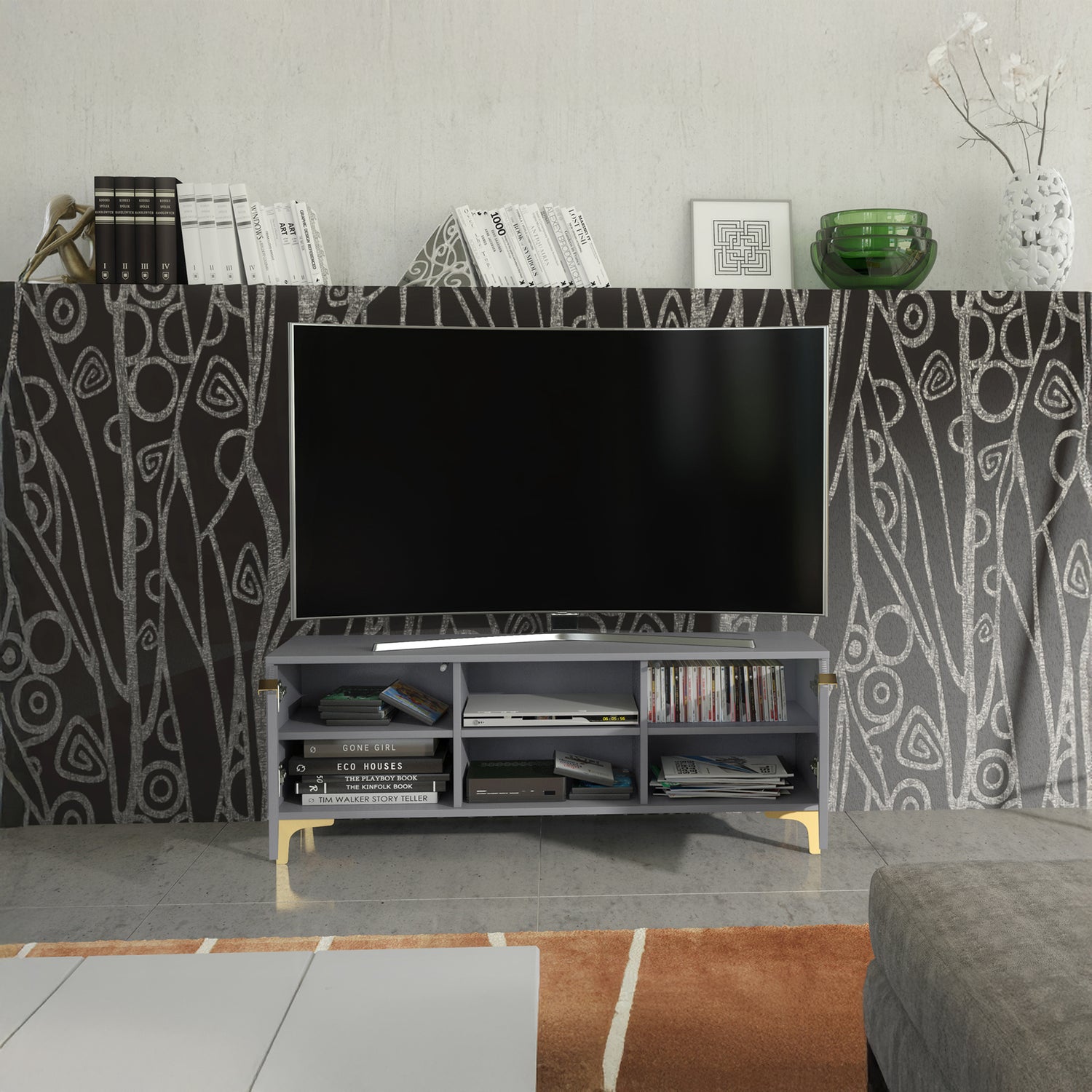 TV Stand – 120cm – Grooved Doors – Gold Legs – Modern Storage Unit – LIVARO Collection