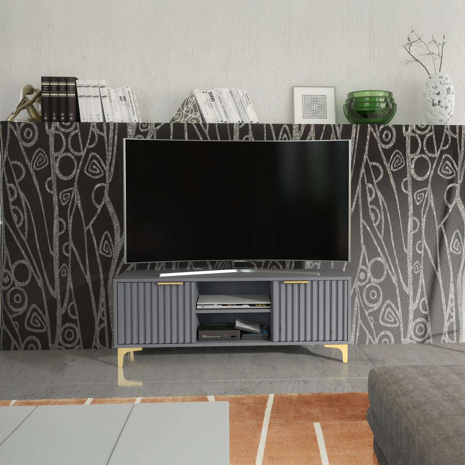 TV Stand – 120cm – Grooved Doors – Gold Legs – Modern Storage Unit – LIVARO Collection