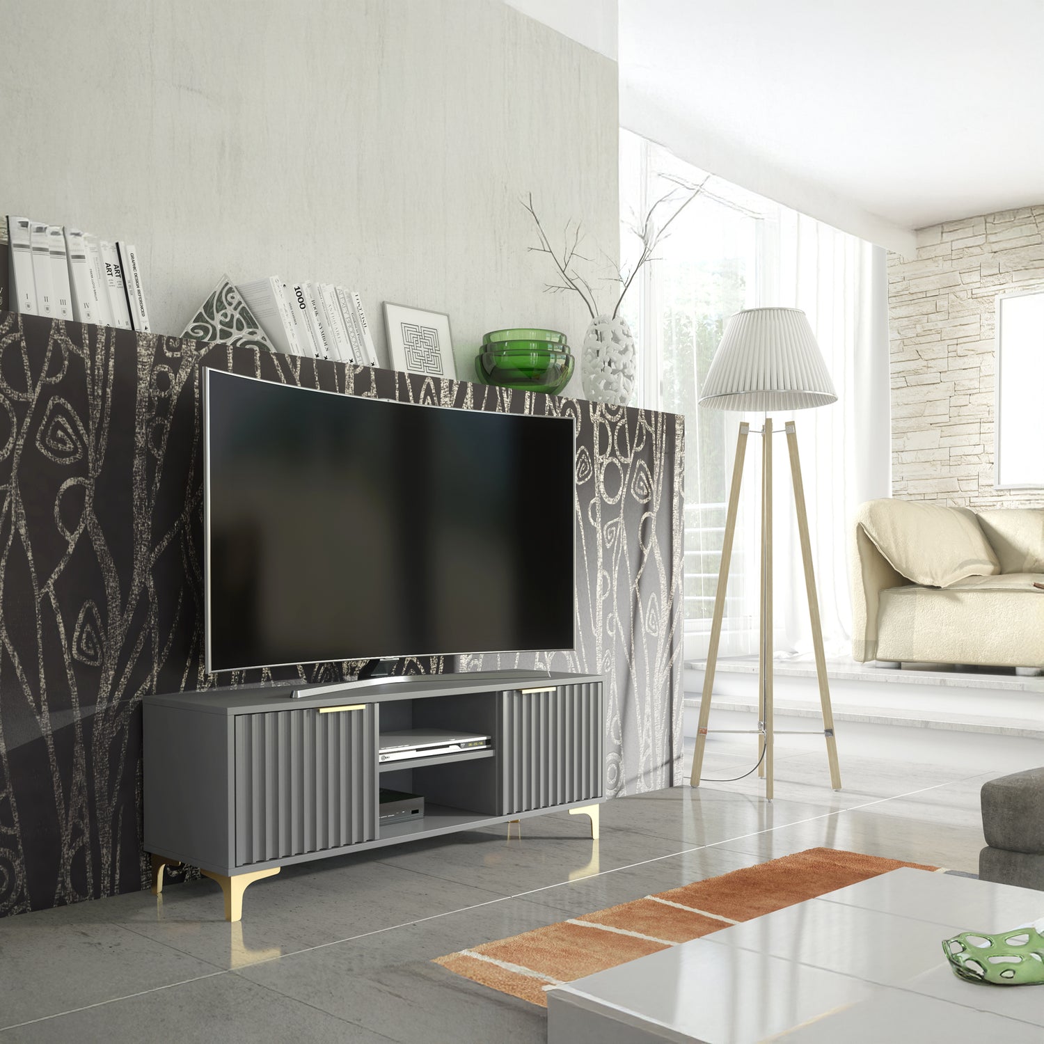 TV Stand – 120cm – Grooved Doors – Gold Legs – Modern Storage Unit – LIVARO Collection