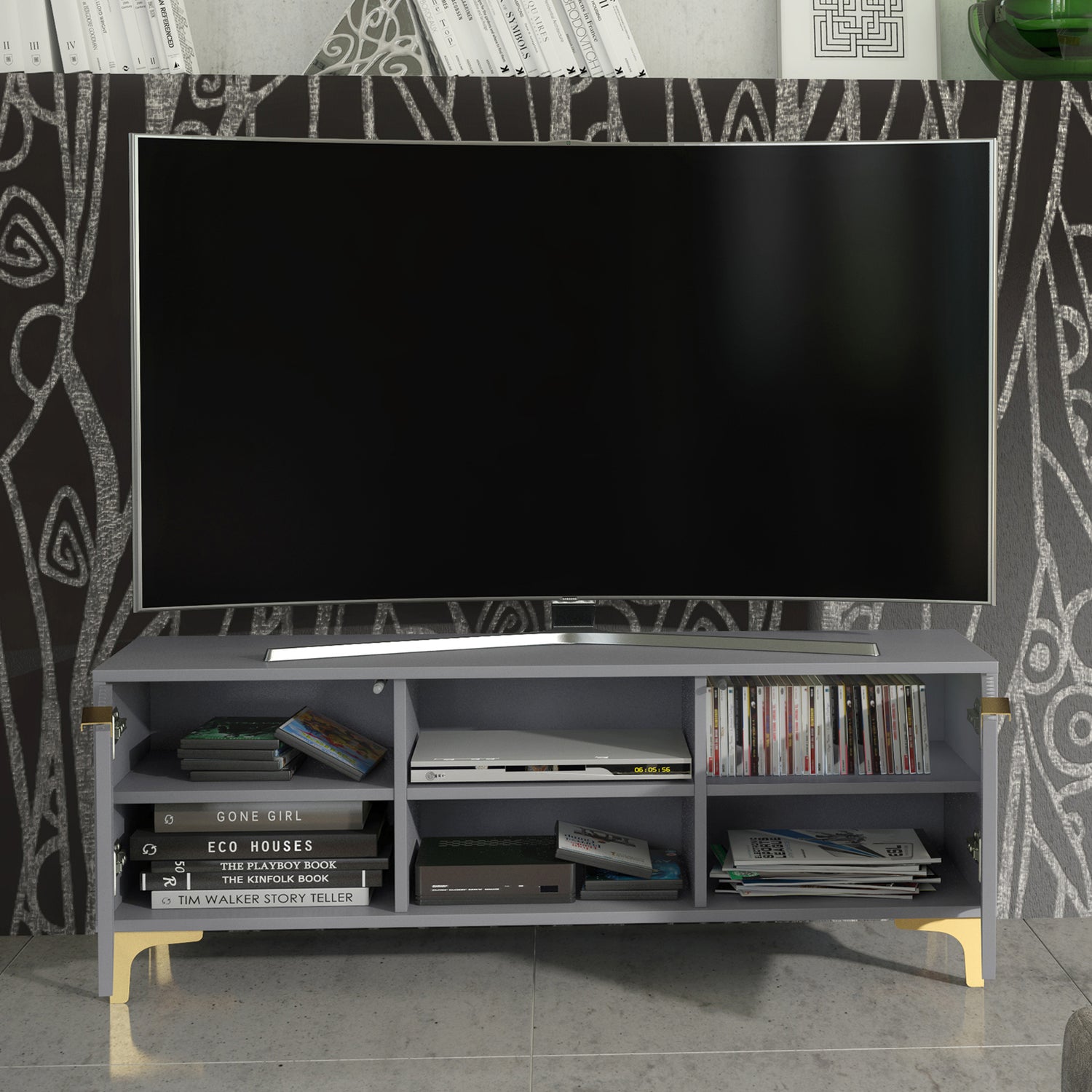 TV Stand – 120cm – Grooved Doors – Gold Legs – Modern Storage Unit – LIVARO Collection