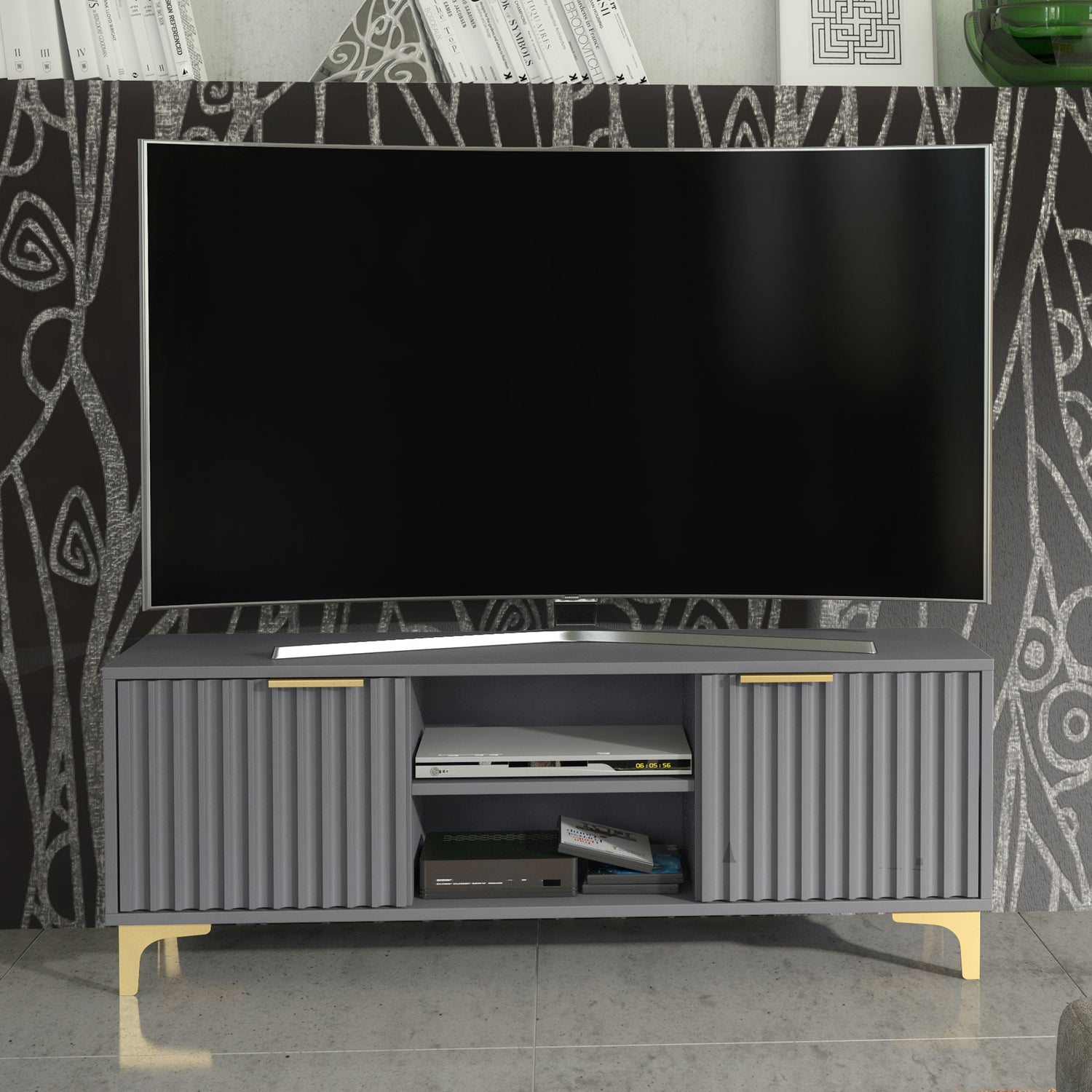 TV Stand – 120cm – Grooved Doors – Gold Legs – Modern Storage Unit – LIVARO Collection