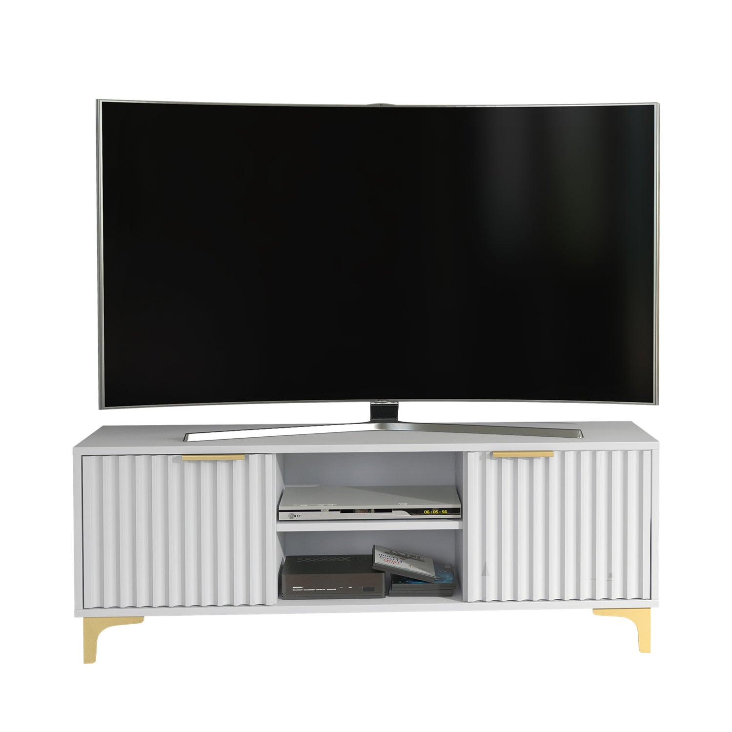 TV Stand – 120cm – Grooved Doors – Gold Legs – Modern Storage Unit – LIVARO Collection