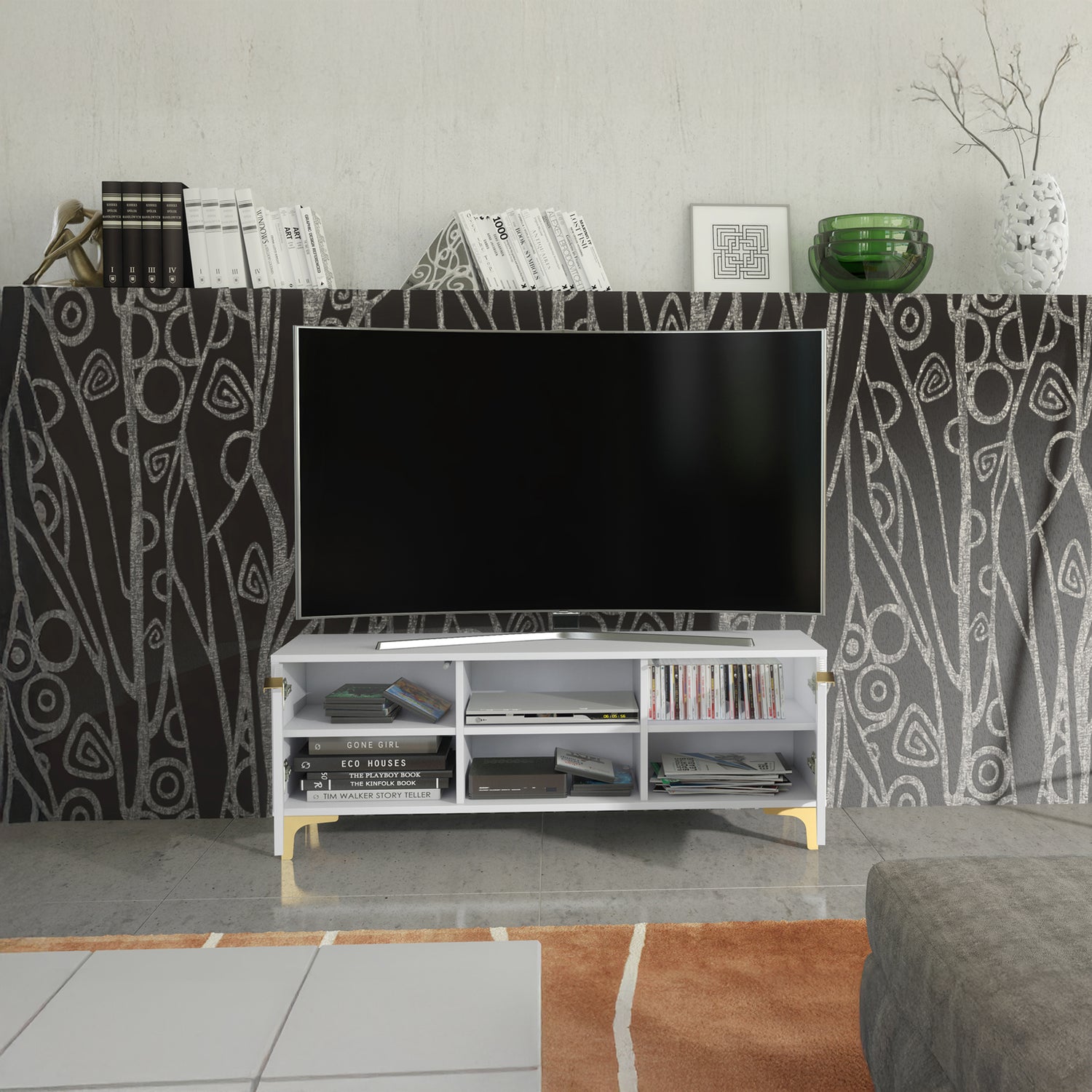 TV Stand – 120cm – Grooved Doors – Gold Legs – Modern Storage Unit – LIVARO Collection