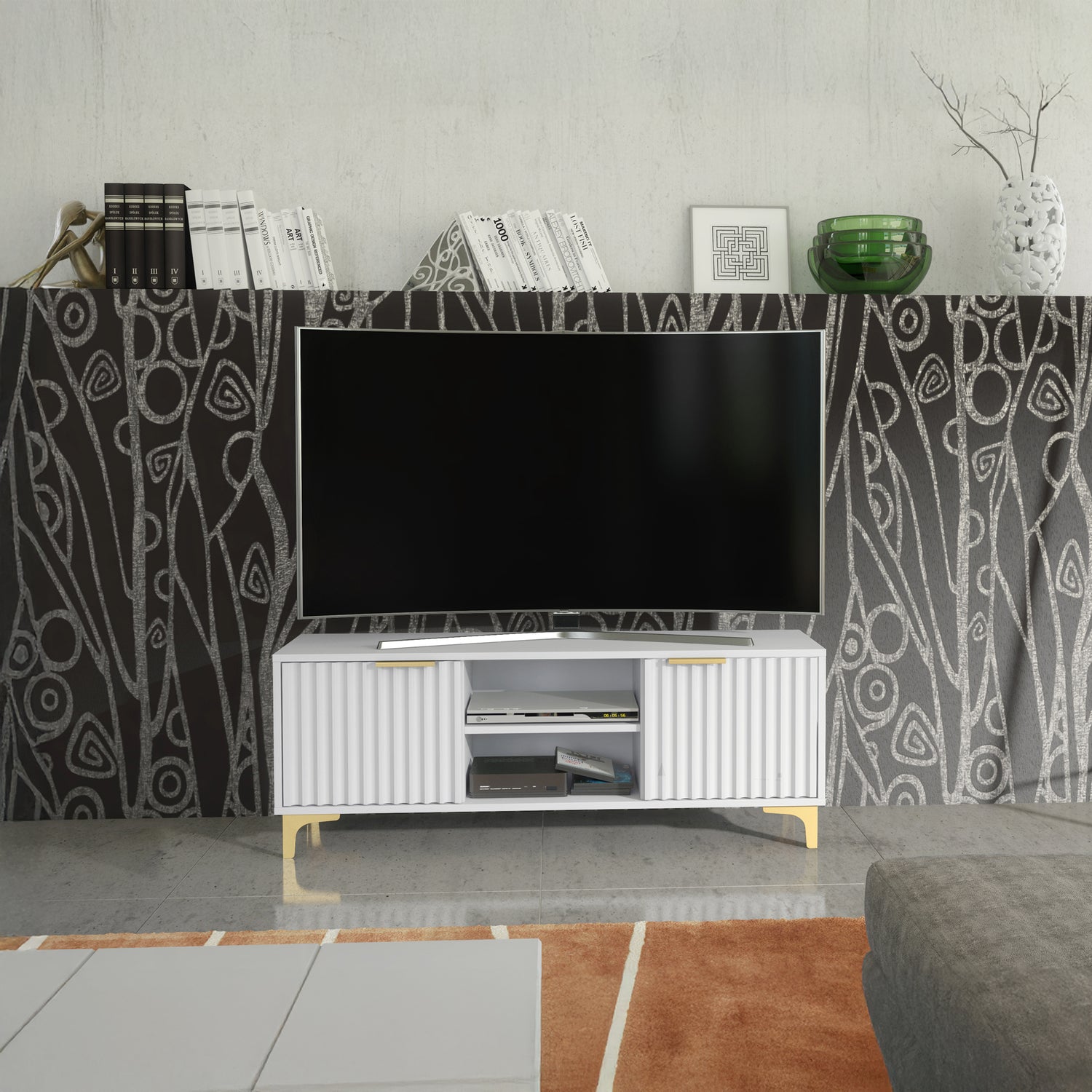 TV Stand – 120cm – Grooved Doors – Gold Legs – Modern Storage Unit – LIVARO Collection