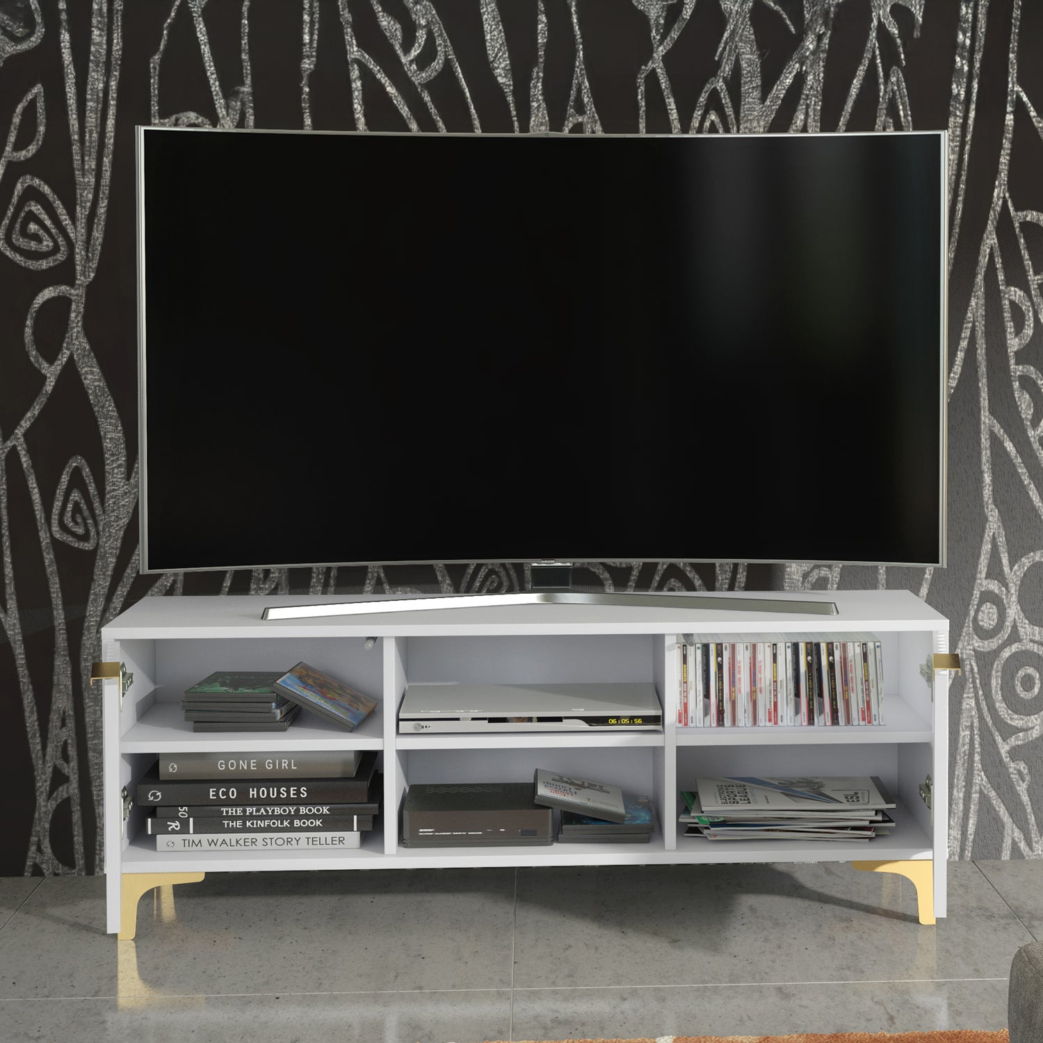 TV Stand – 120cm – Grooved Doors – Gold Legs – Modern Storage Unit – LIVARO Collection