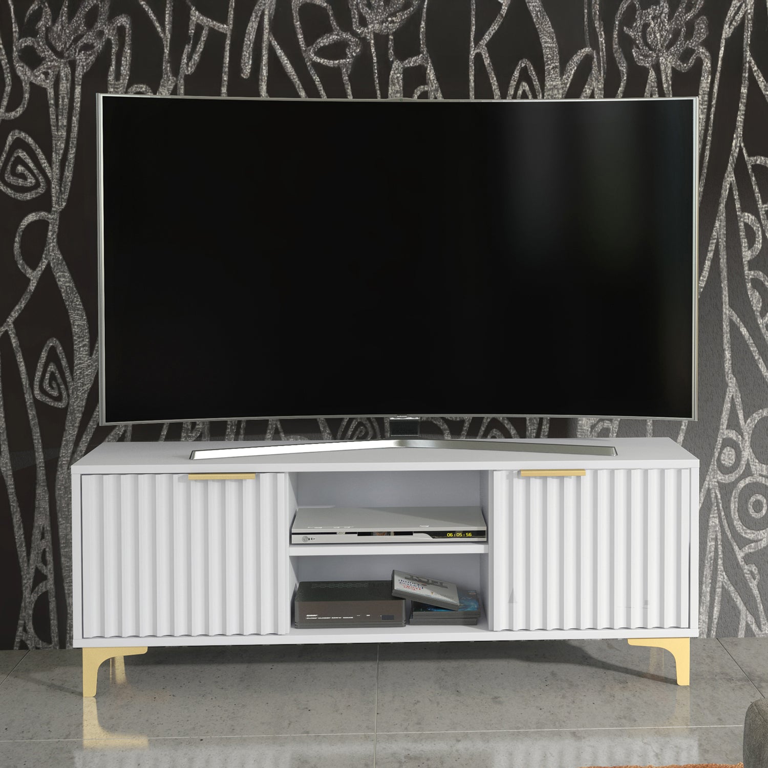 TV Stand – 120cm – Grooved Doors – Gold Legs – Modern Storage Unit – LIVARO Collection