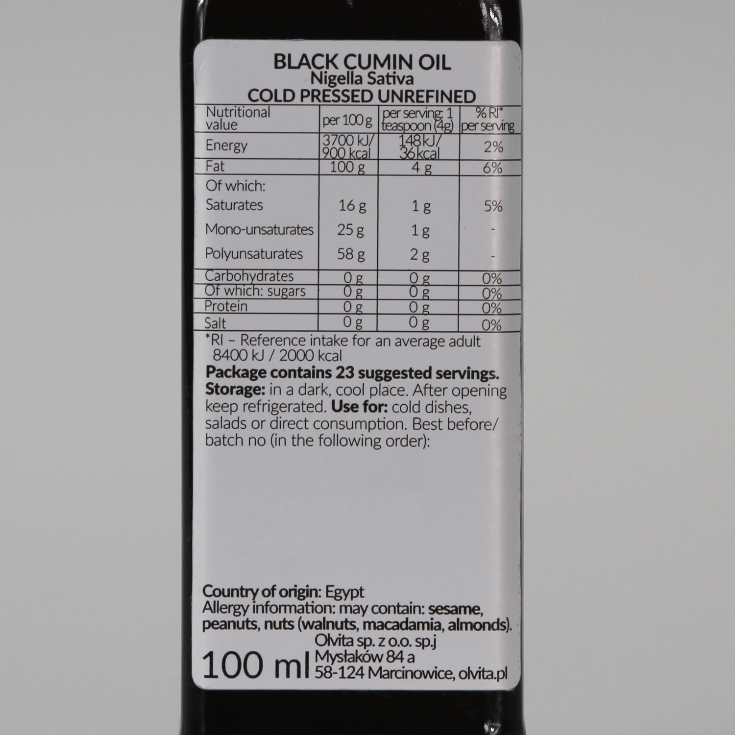 Black cumin / black seed oil (Nigella sativa), cold-pressed Ol’Vita