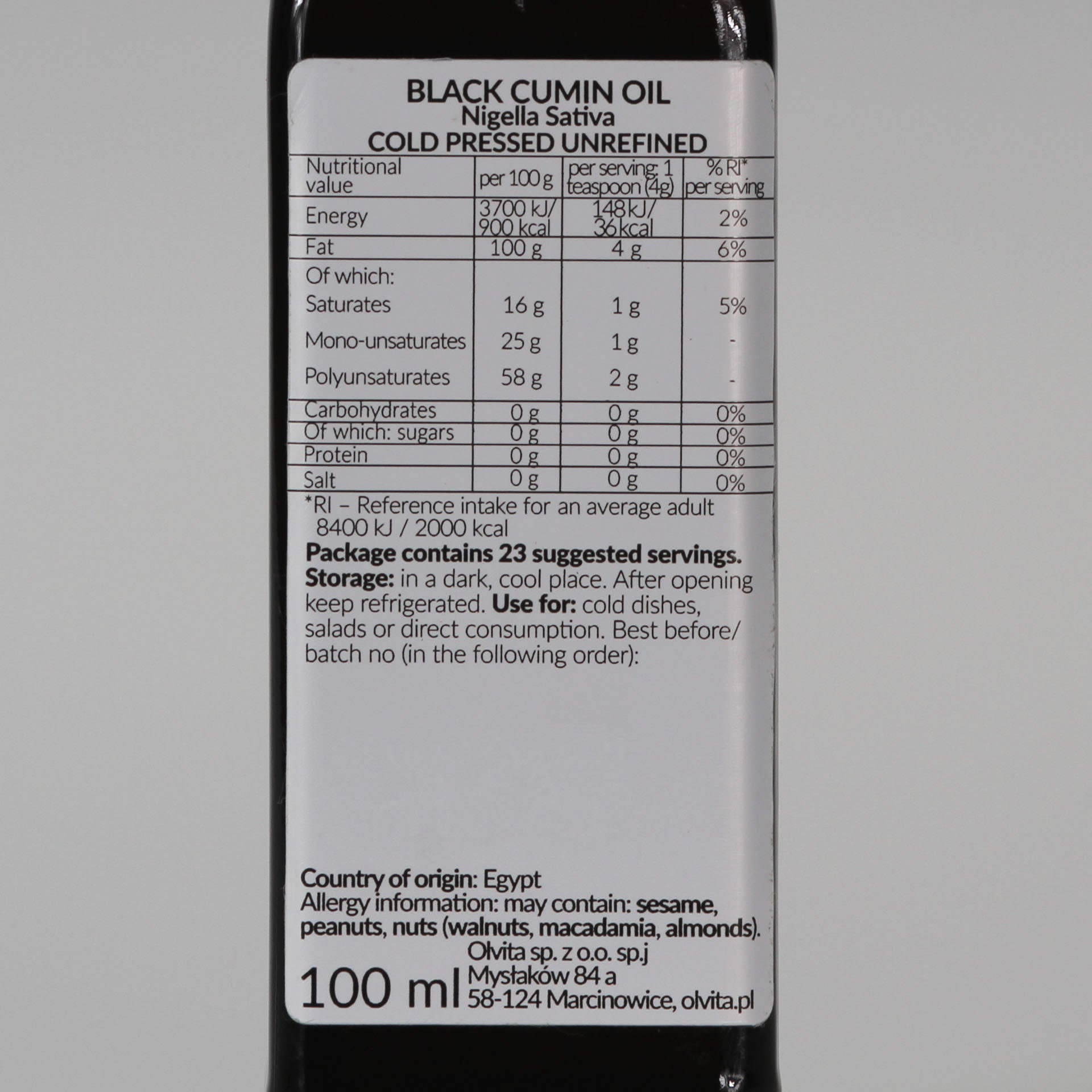 Black cumin / black seed oil (Nigella sativa), cold-pressed Ol’Vita