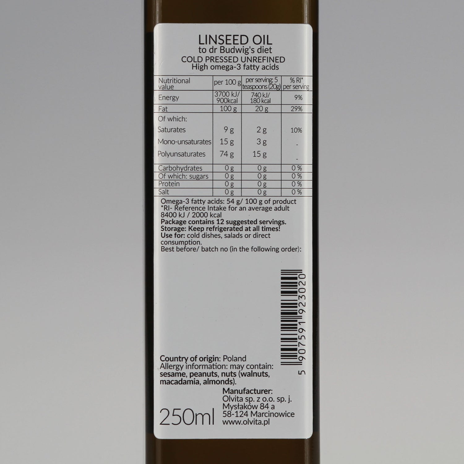 Linseed / Flaxseed oil for Dr Budwig diet, cold-pressed and crude Ol’Vita