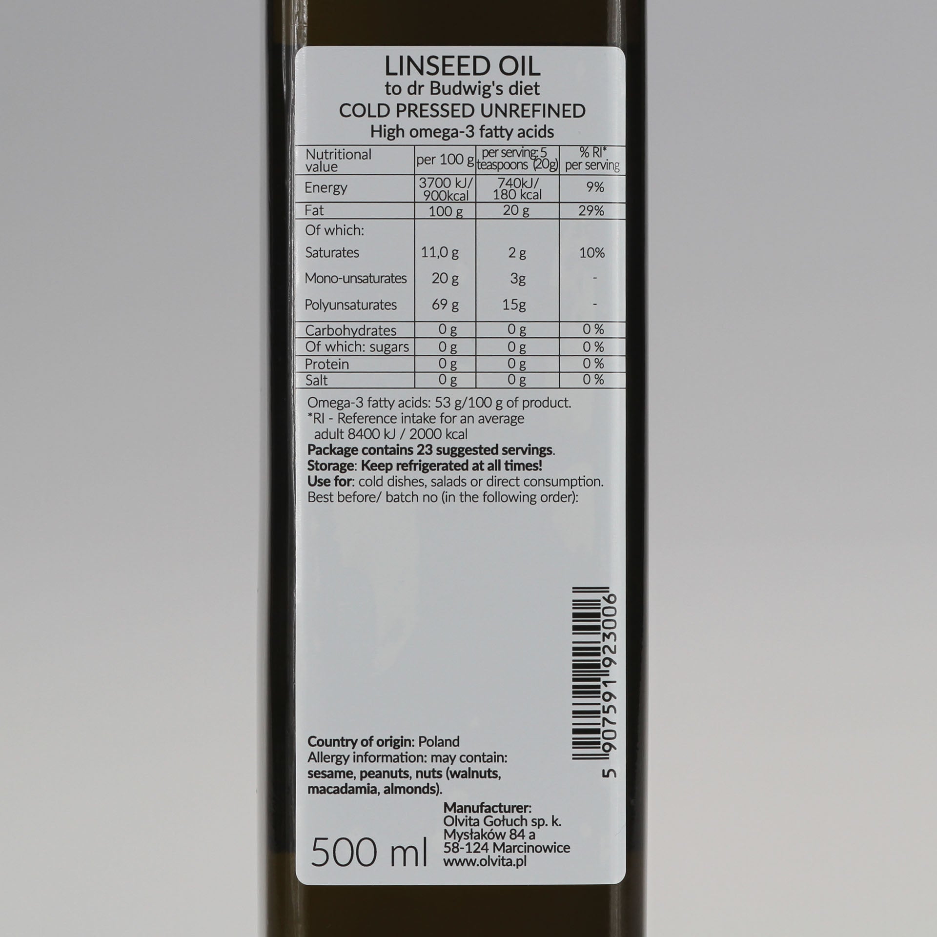 Linseed / Flaxseed oil for Dr Budwig diet, cold-pressed and crude Ol’Vita