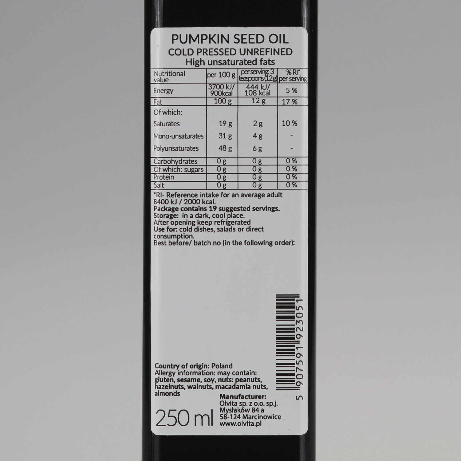 Pumpkin Seed Oil - Cold Pressed, Unrefined - Ol&