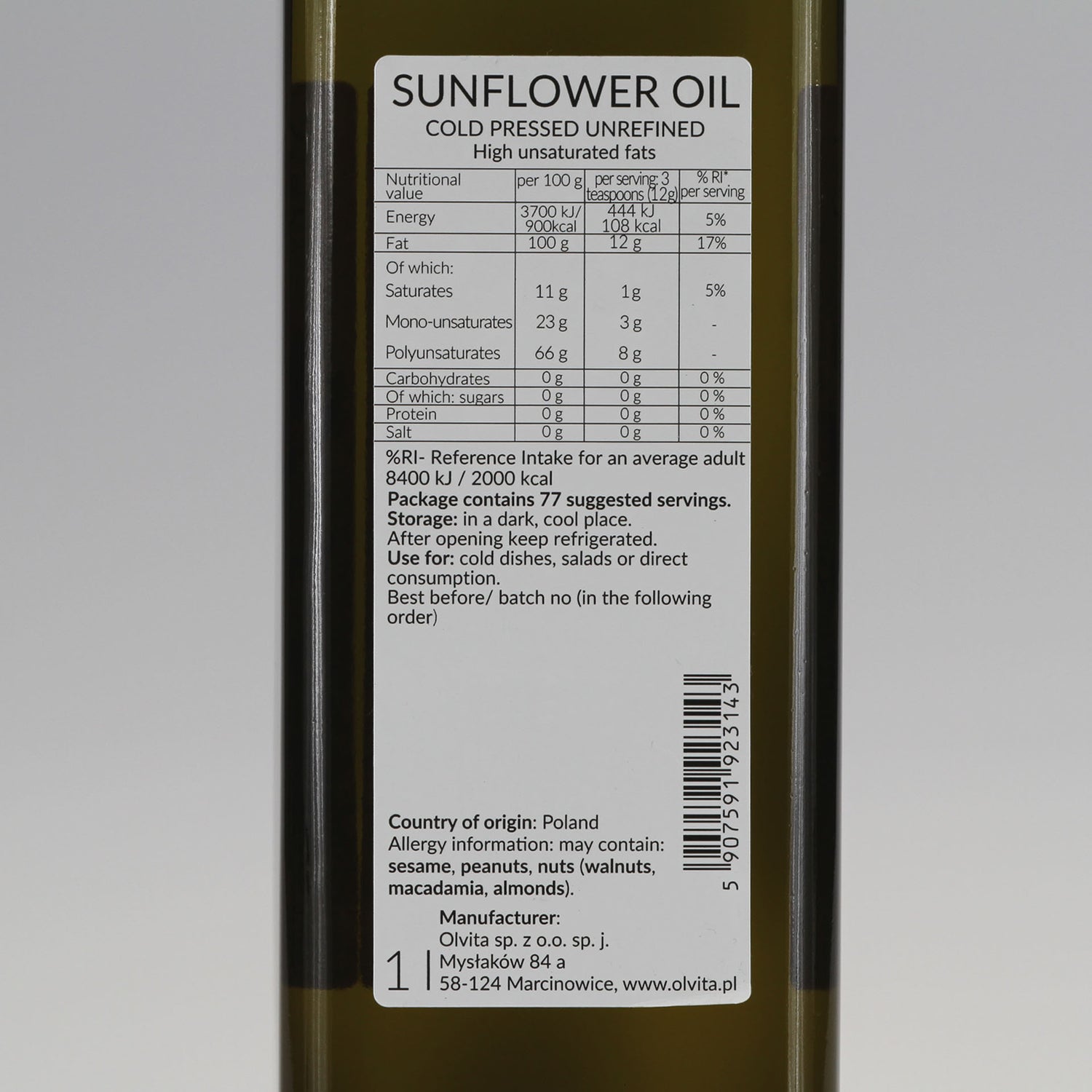 Sunflower oil, cold-pressed and crude Ol’Vita