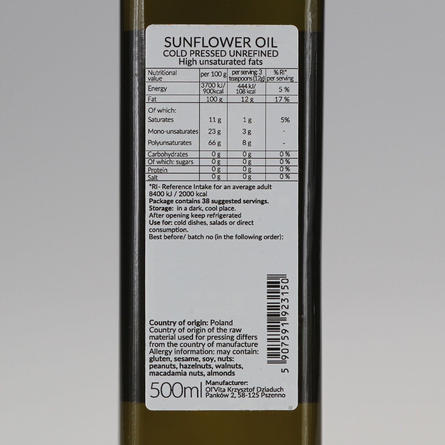Sunflower oil, cold-pressed and crude Ol’Vita