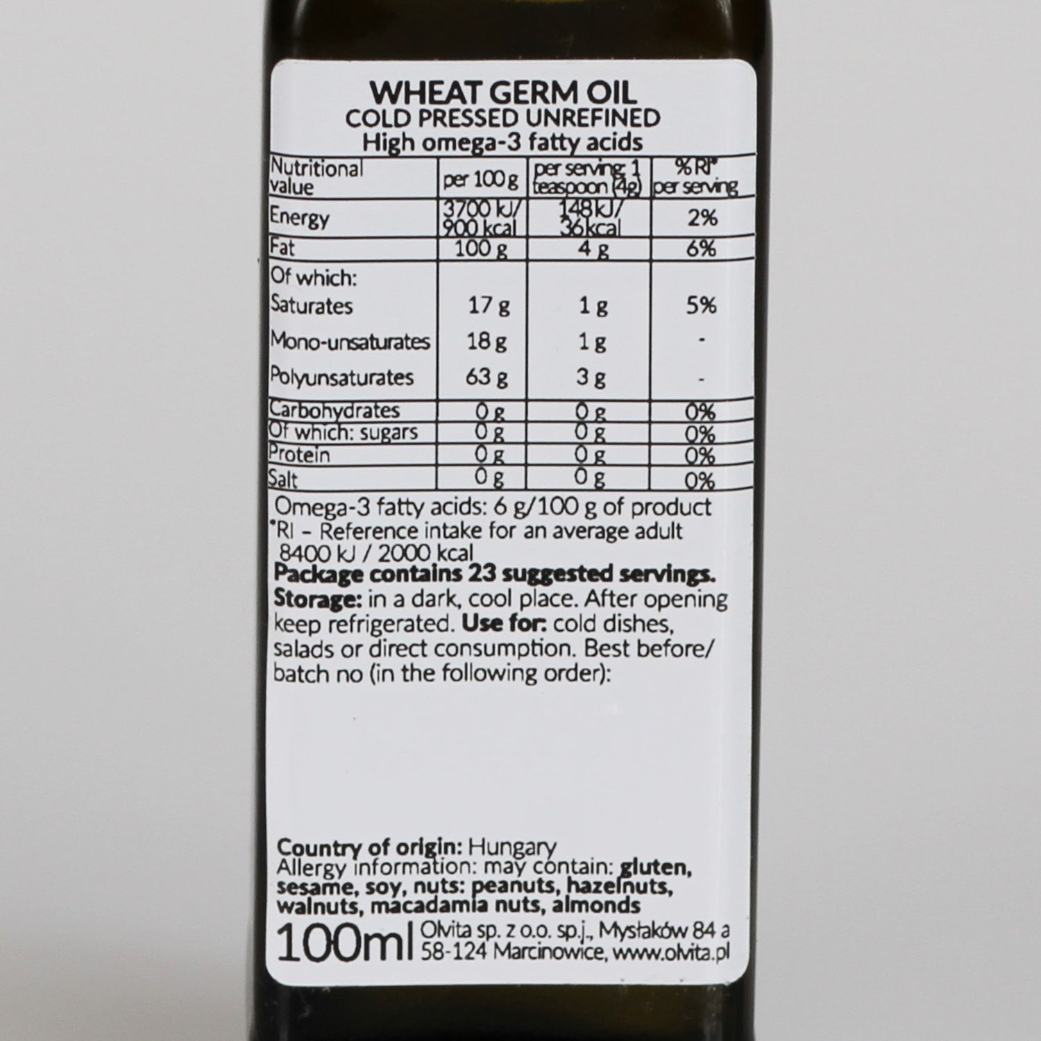 Wheat Germ Oil, cold-pressed and crude Ol’Vita