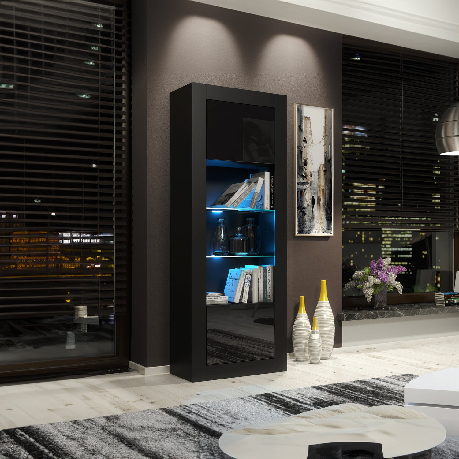 LUNARO Display Cabinet – 170cm – High Gloss Doors – LED or Non-LED – Tall Modern Unit