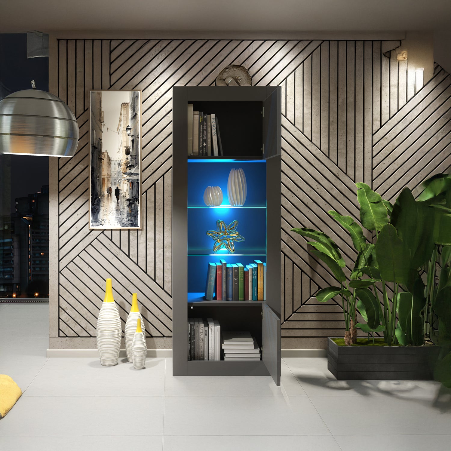 LUNARO Display Cabinet – 170cm – High Gloss Doors – LED or Non-LED – Tall Modern Unit