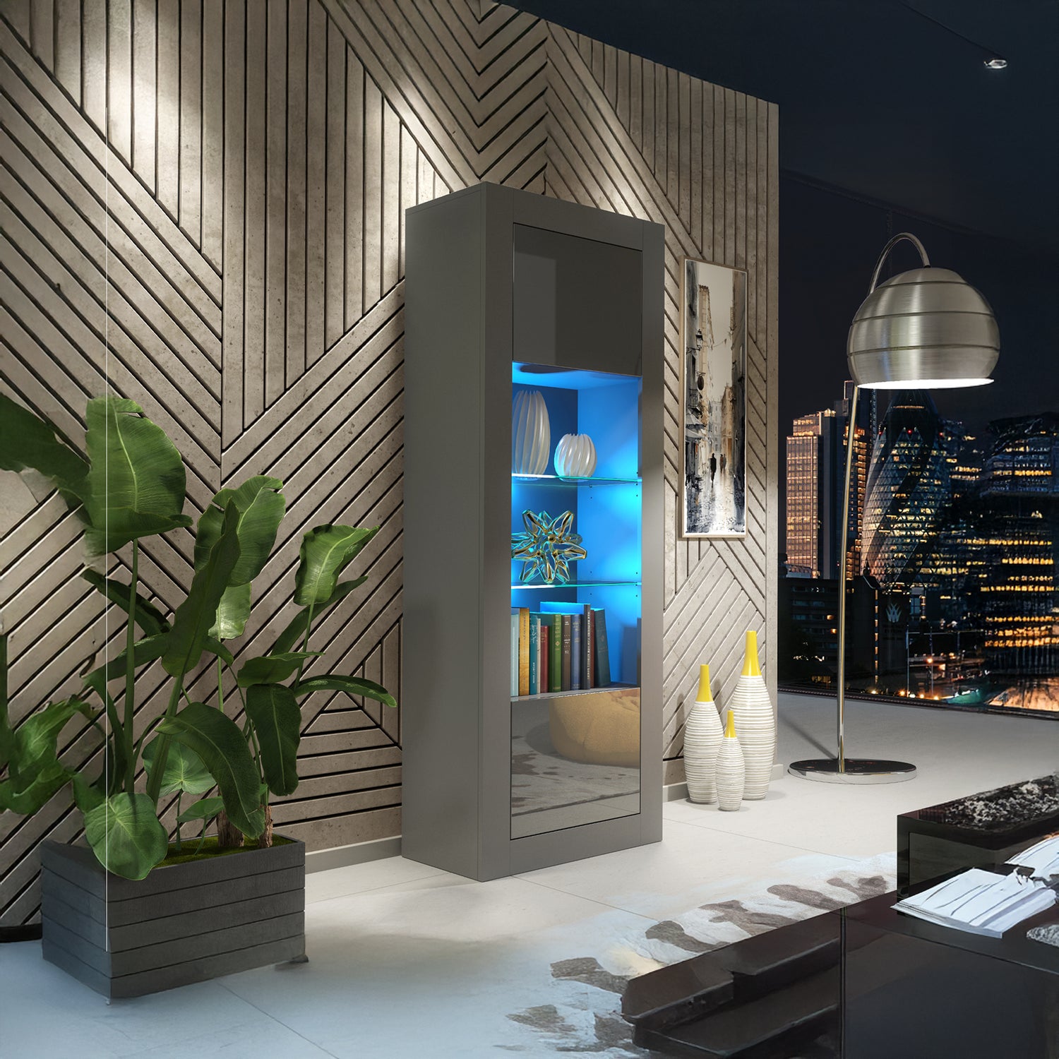 LUNARO Display Cabinet – 170cm – High Gloss Doors – LED or Non-LED – Tall Modern Unit