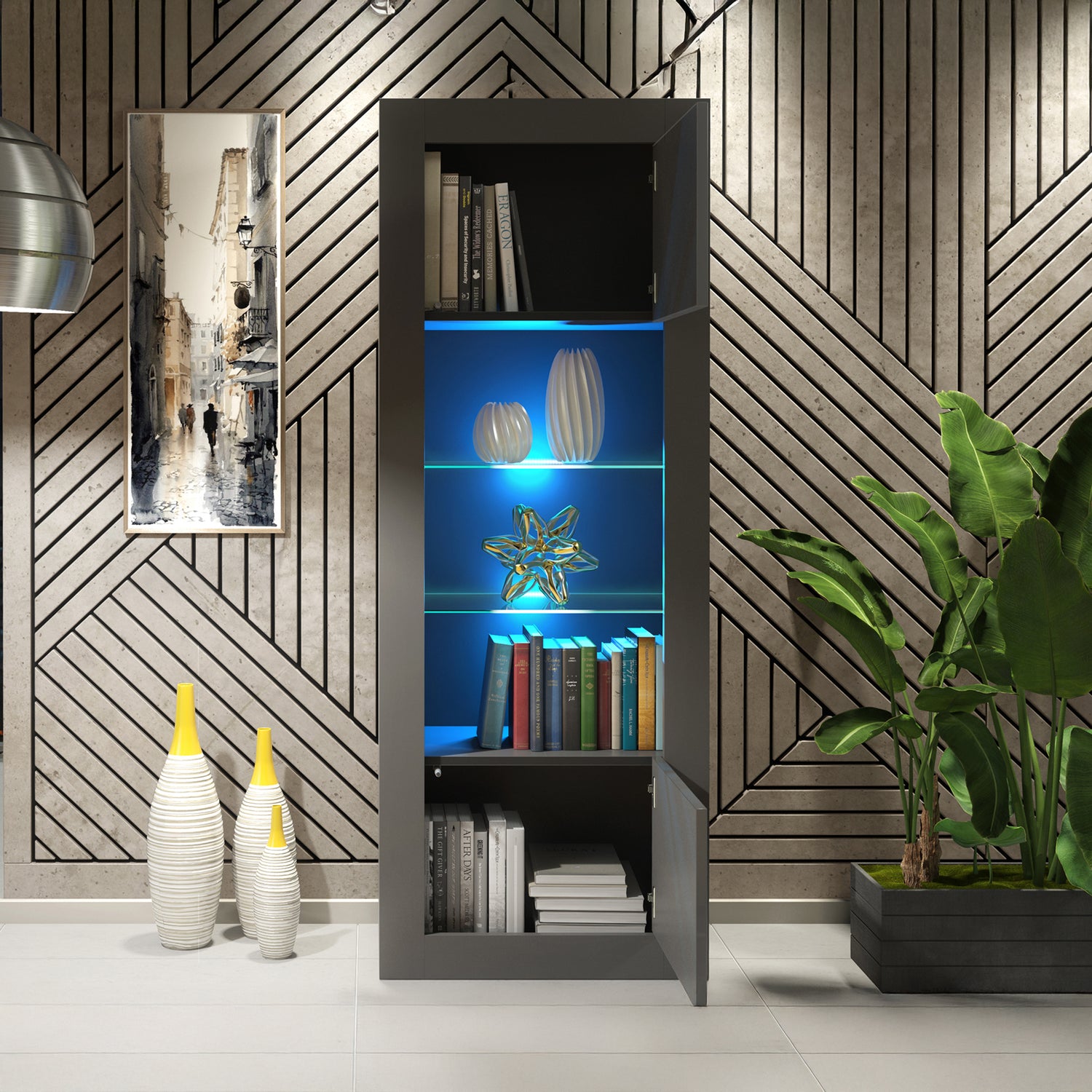 LUNARO Display Cabinet – 170cm – High Gloss Doors – LED or Non-LED – Tall Modern Unit
