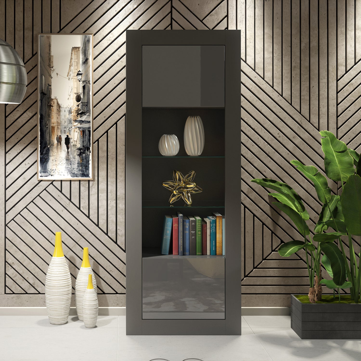 Display Cabinet – 170cm – High Gloss Doors – LED or Non-LED – Tall Modern Unit – LUNARO