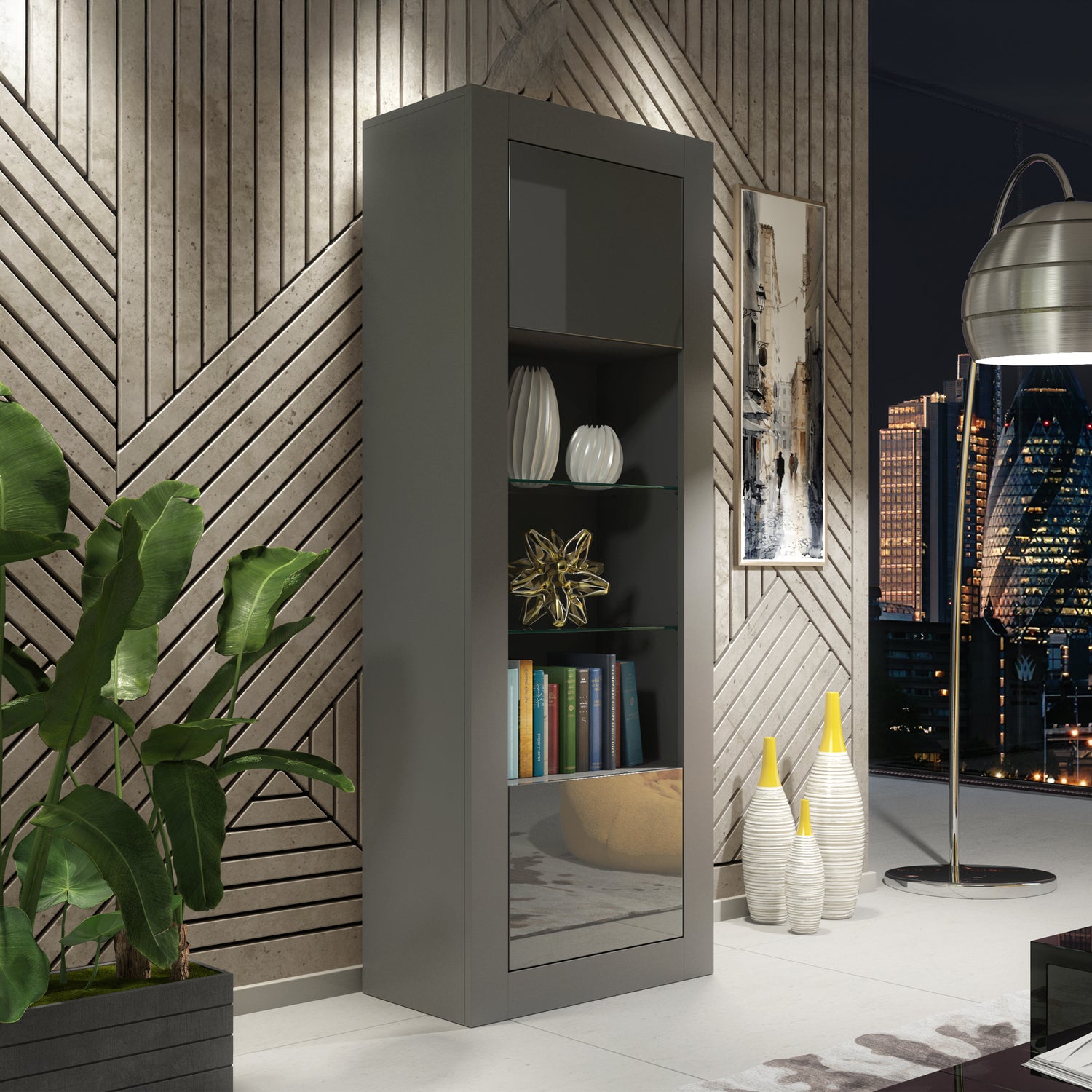 Display Cabinet – 170cm – High Gloss Doors – LED or Non-LED – Tall Modern Unit – LUNARO