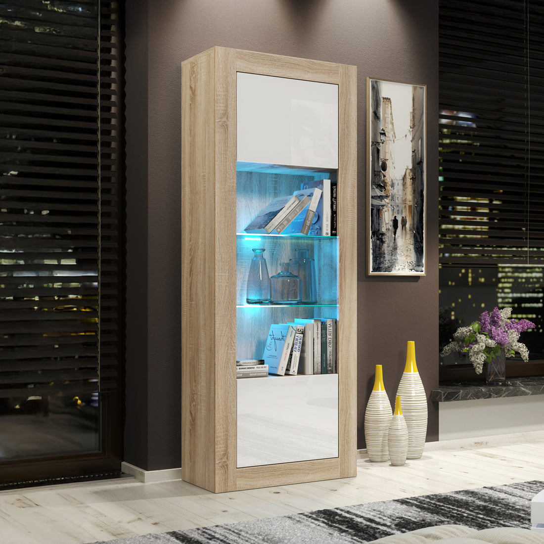 Modern Display Cabinet | 170cm | High Gloss Doors | LED or Non-LED | White, White &amp; Grey, Black, Oak &amp; White, Oak &amp; Black