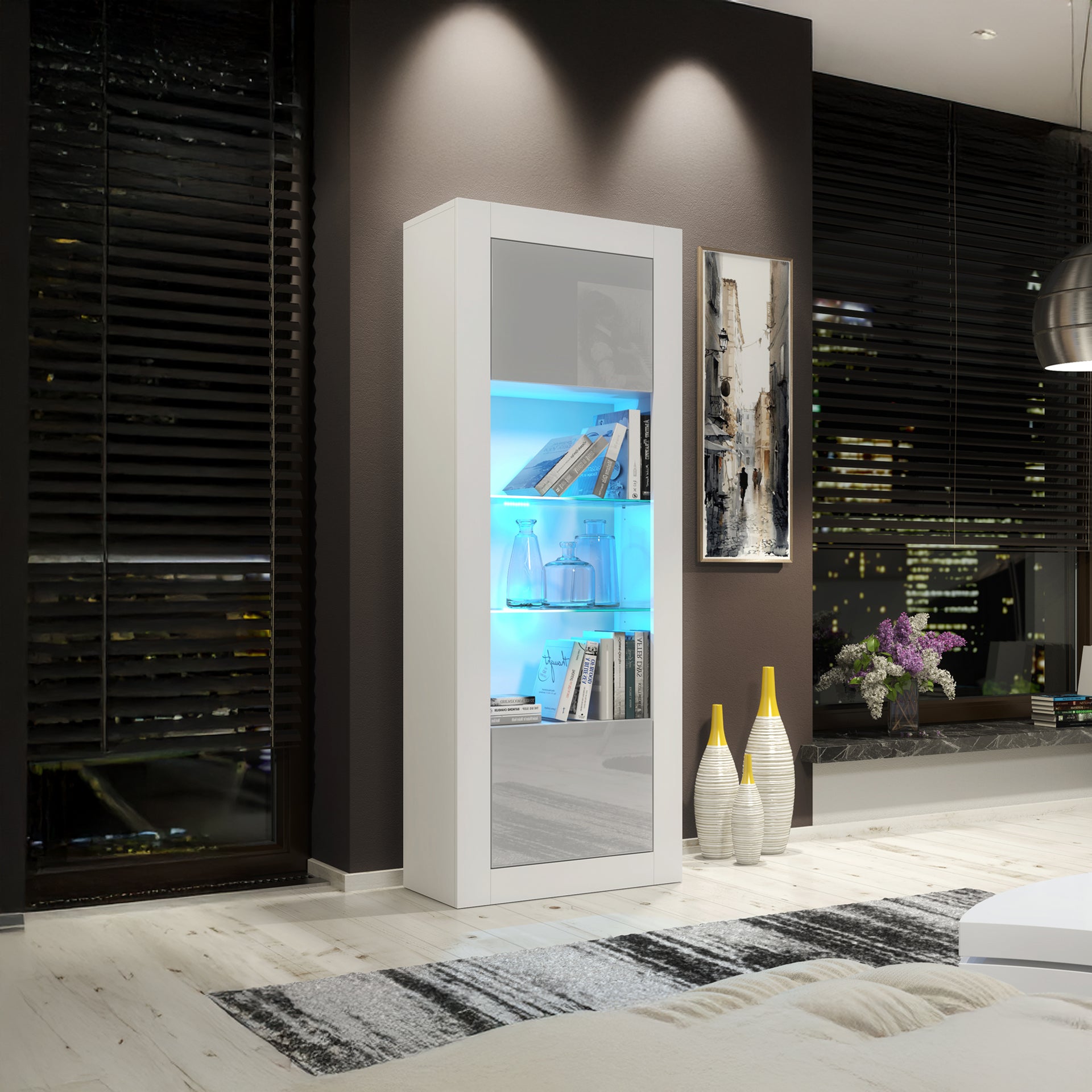 LUNARO Display Cabinet – 170cm – High Gloss Doors – LED or Non-LED – Tall Modern Unit