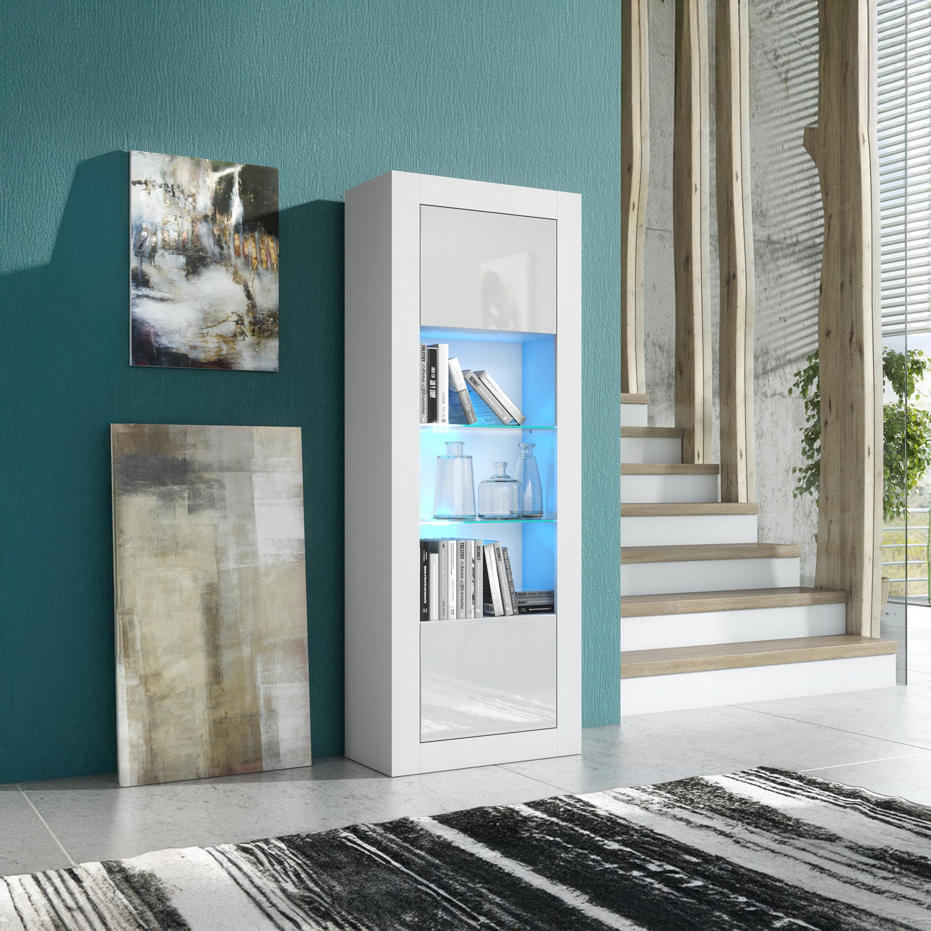 LUNARO Display Cabinet – 170cm – High Gloss Doors – LED or Non-LED – Tall Modern Unit