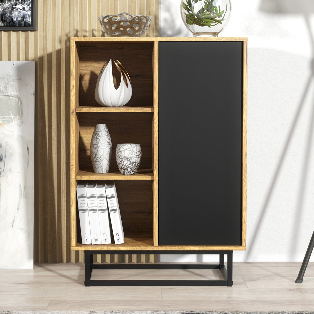 Sideboard Cabinet – 100cm – Push to Open Door – Open Shelves – Industrial Metal Base – FERRANO Collection