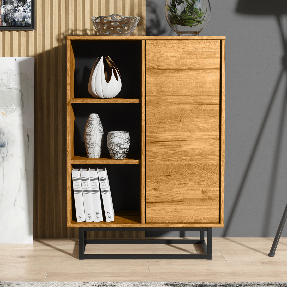 Sideboard Cabinet – 100cm – Push to Open Door – Open Shelves – Industrial Metal Base – FERRANO Collection