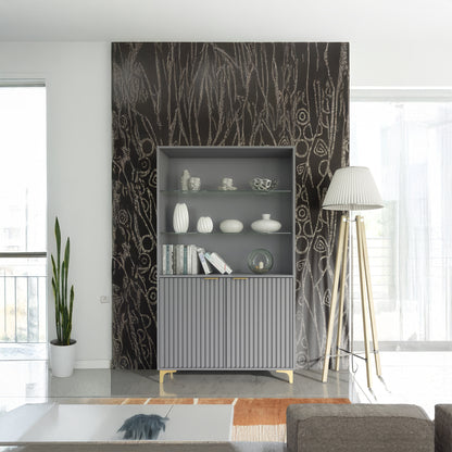 Display Cabinet – 100cm – Grooved Doors – Glass Shelves – Gold Legs – LIVARO Collection