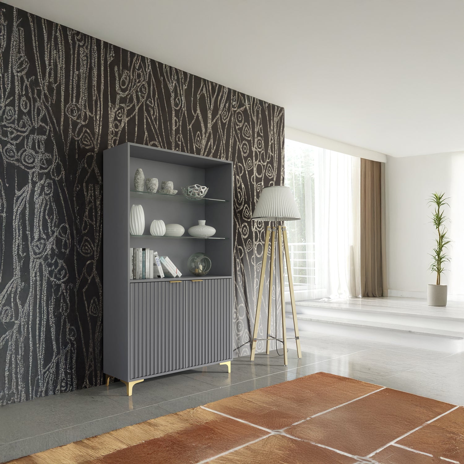 Display Cabinet – 100cm – Grooved Doors – Glass Shelves – Gold Legs – LIVARO Collection
