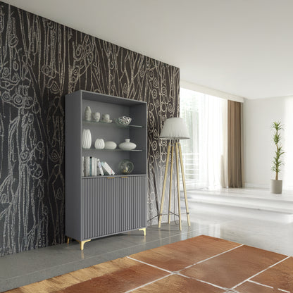 Display Cabinet – 100cm – Grooved Doors – Glass Shelves – Gold Legs – LIVARO Collection