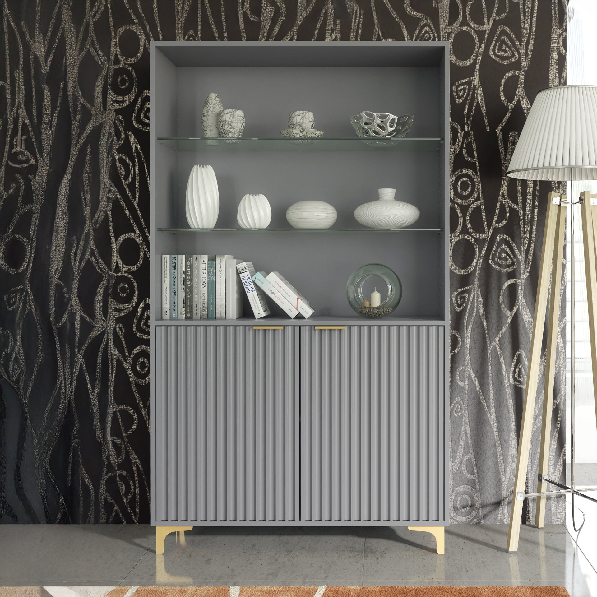 Display Cabinet – 100cm – Grooved Doors – Glass Shelves – Gold Legs – LIVARO Collection