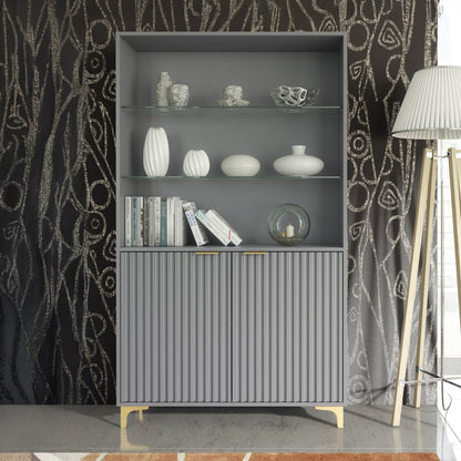 Display Cabinet – 100cm – Grooved Doors – Glass Shelves – Gold Legs – LIVARO Collection