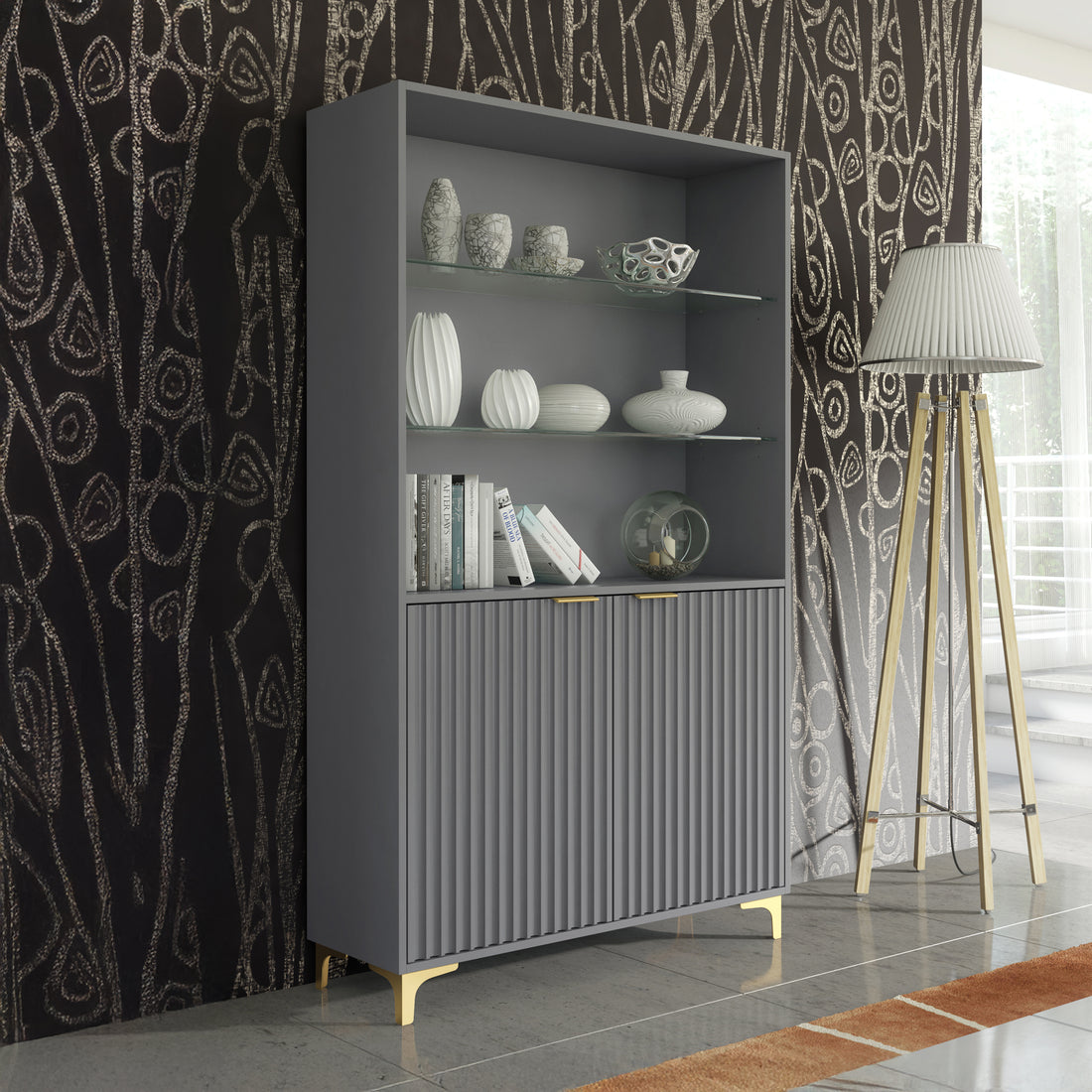 Display Cabinet – 100cm – Grooved Doors – Glass Shelves – Gold Legs – LIVARO Collection