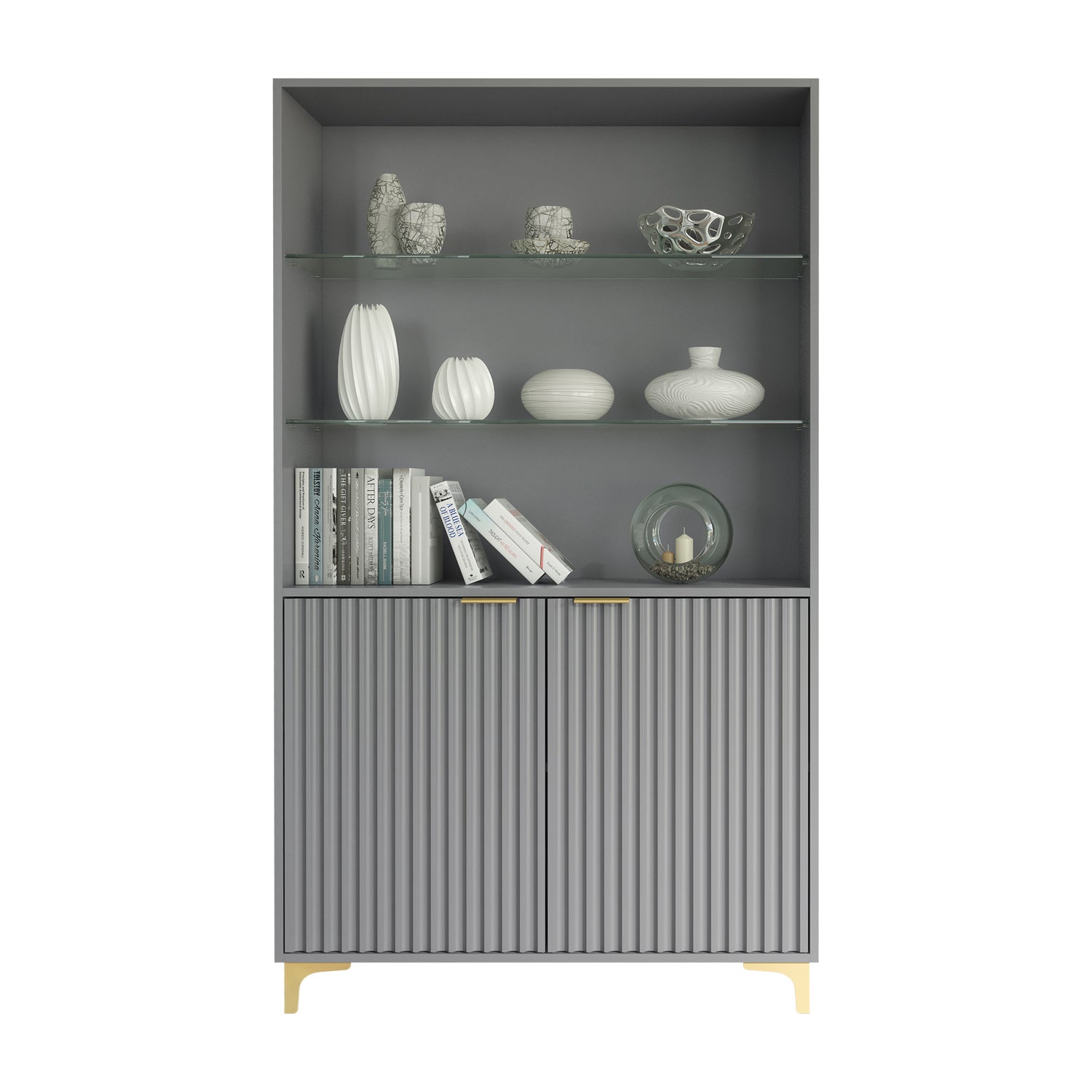 Display Cabinet – 100cm – Grooved Doors – Glass Shelves – Gold Legs – LIVARO Collection