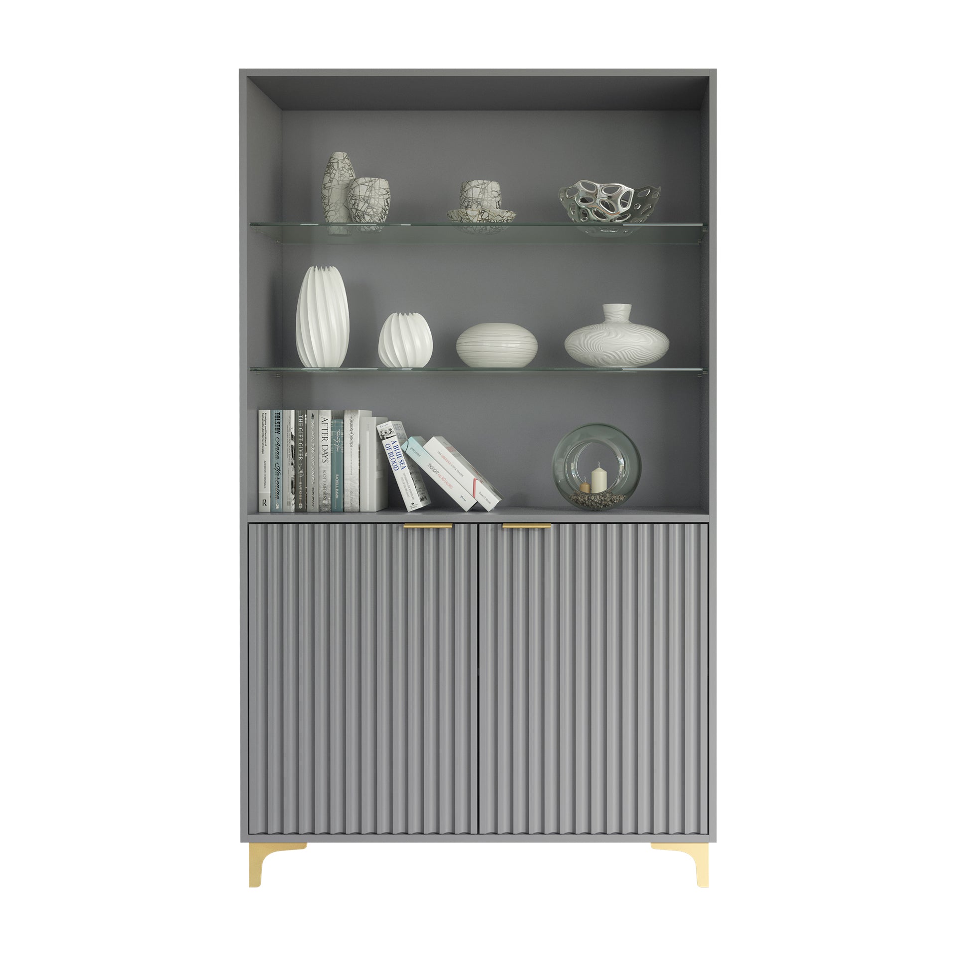 Display Cabinet – 100cm – Grooved Doors – Glass Shelves – Gold Legs – LIVARO Collection