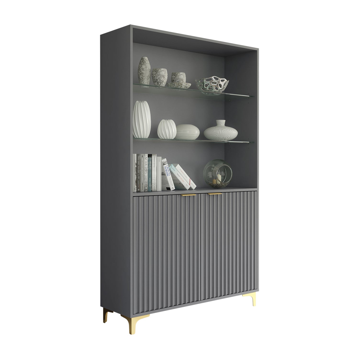 Display Cabinet – 100cm – Grooved Doors – Glass Shelves – Gold Legs – LIVARO Collection
