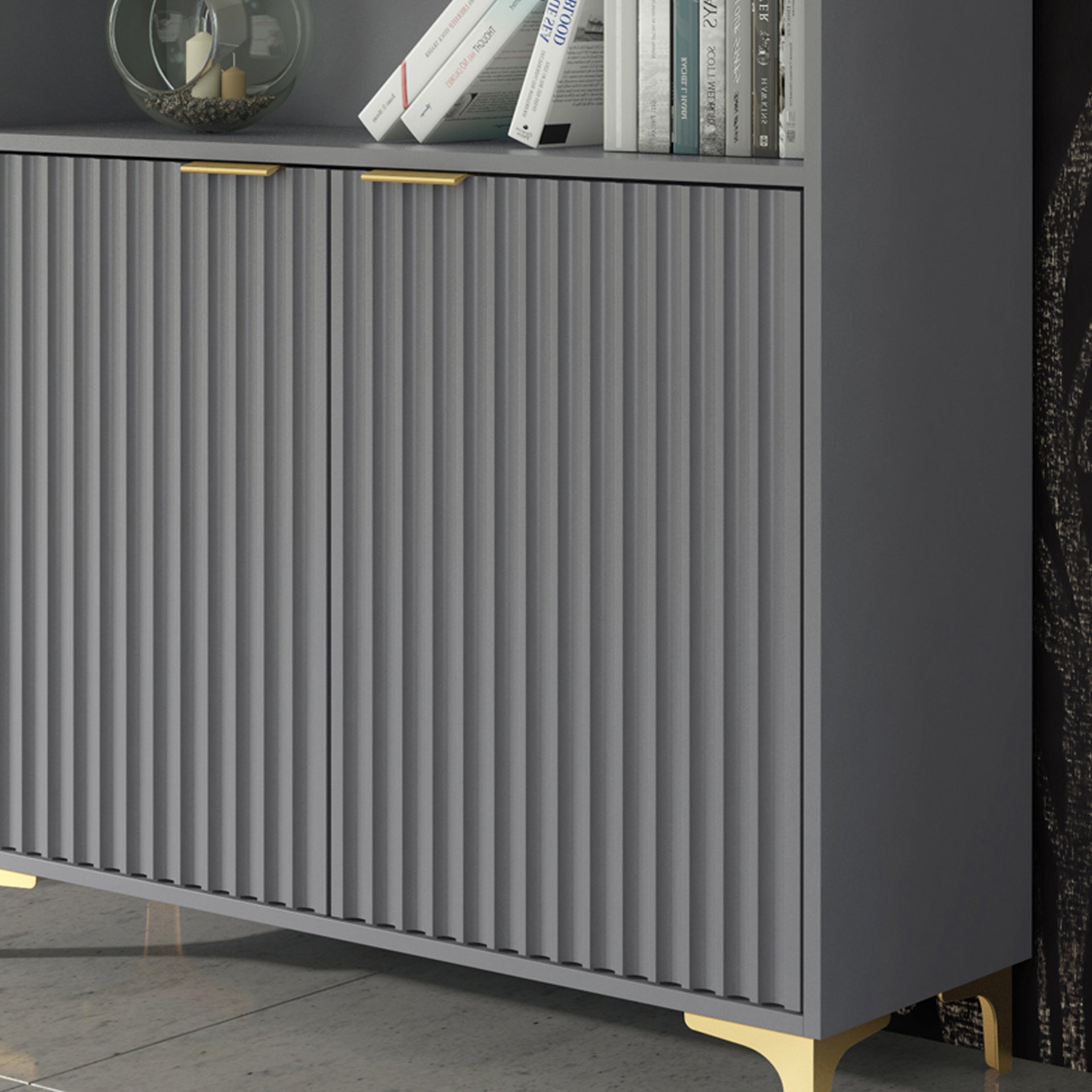 Display Cabinet – 100cm – Grooved Doors – Glass Shelves – Gold Legs – LIVARO Collection