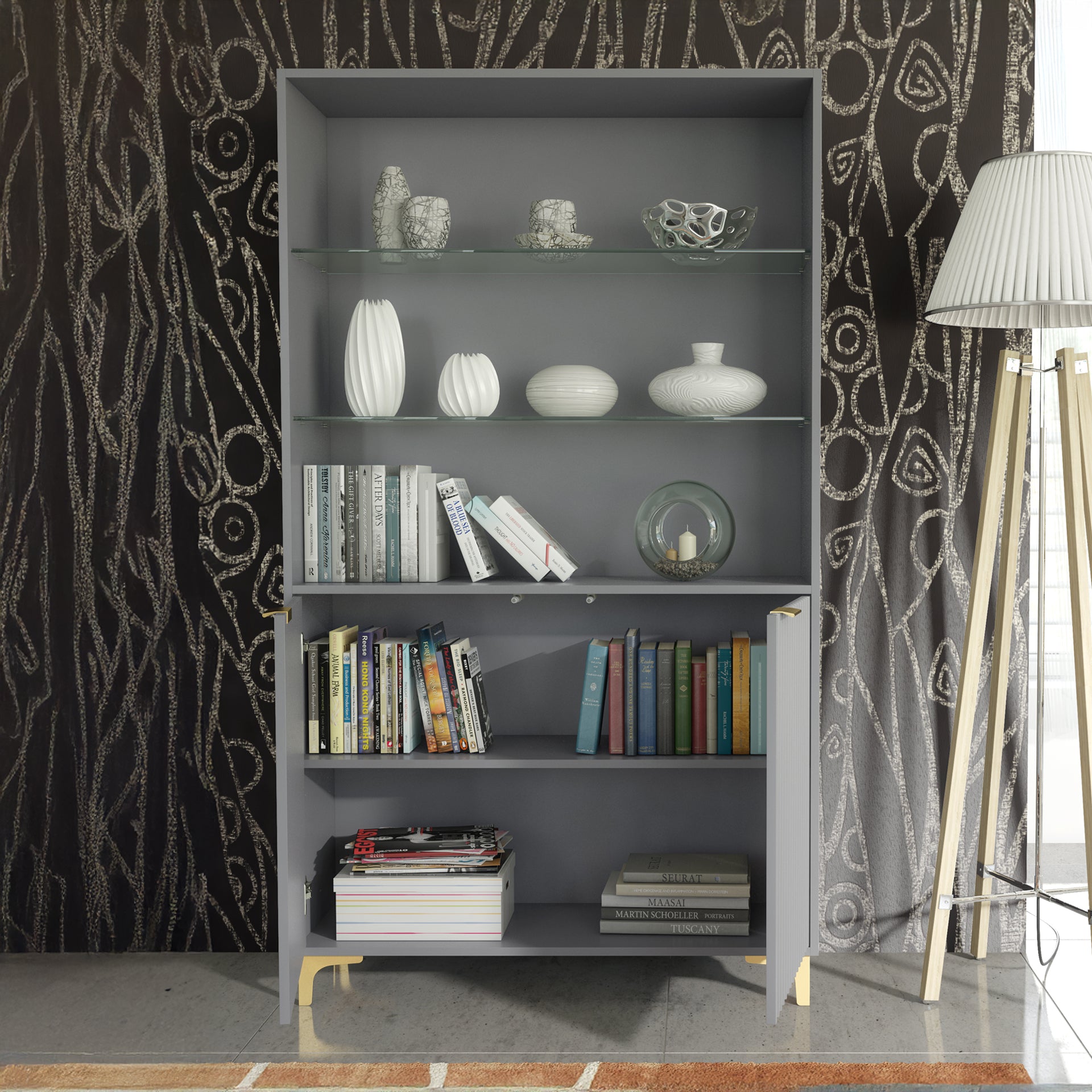 Display Cabinet – 100cm – Grooved Doors – Glass Shelves – Gold Legs – LIVARO Collection