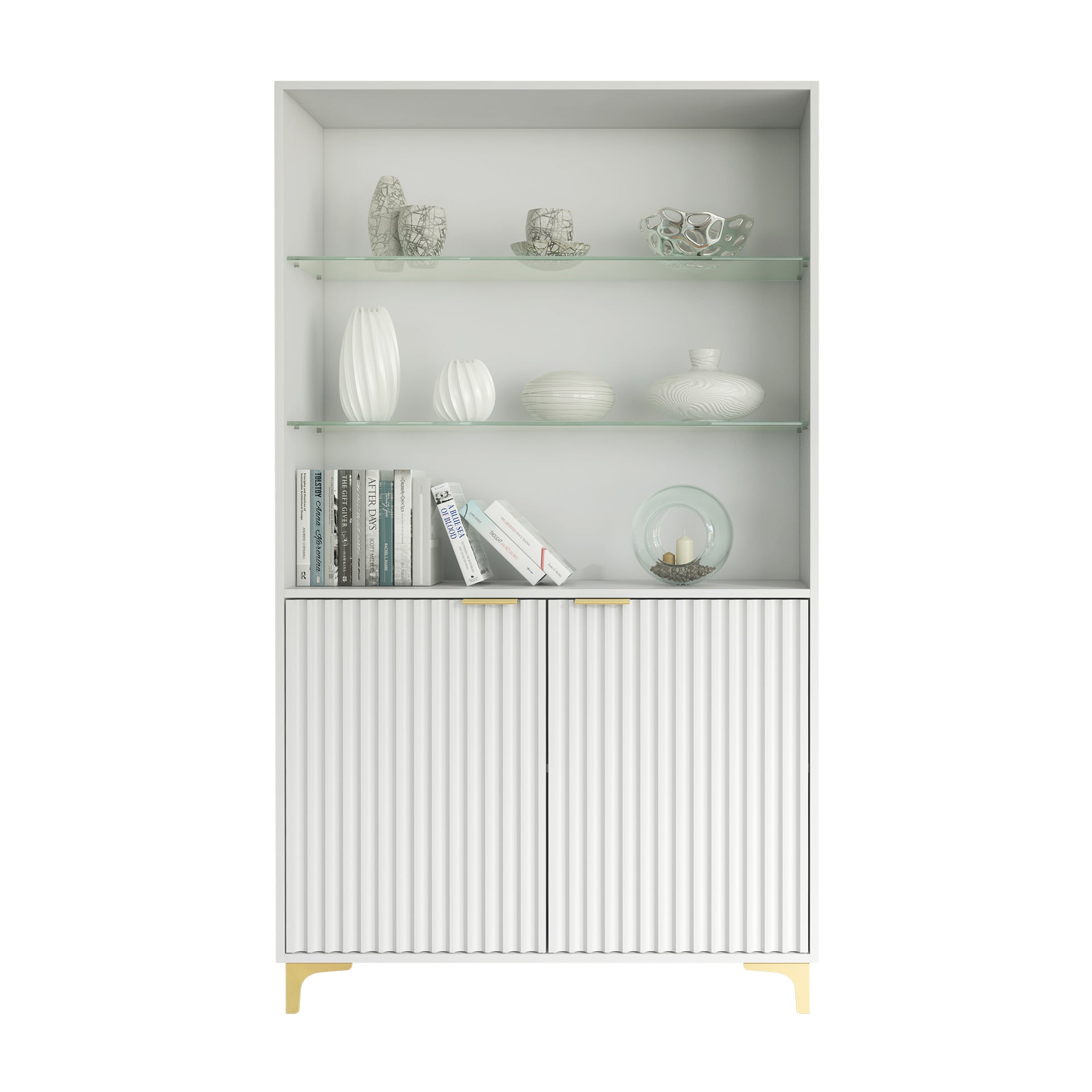 Display Cabinet – 100cm – Grooved Doors – Glass Shelves – Gold Legs – LIVARO Collection