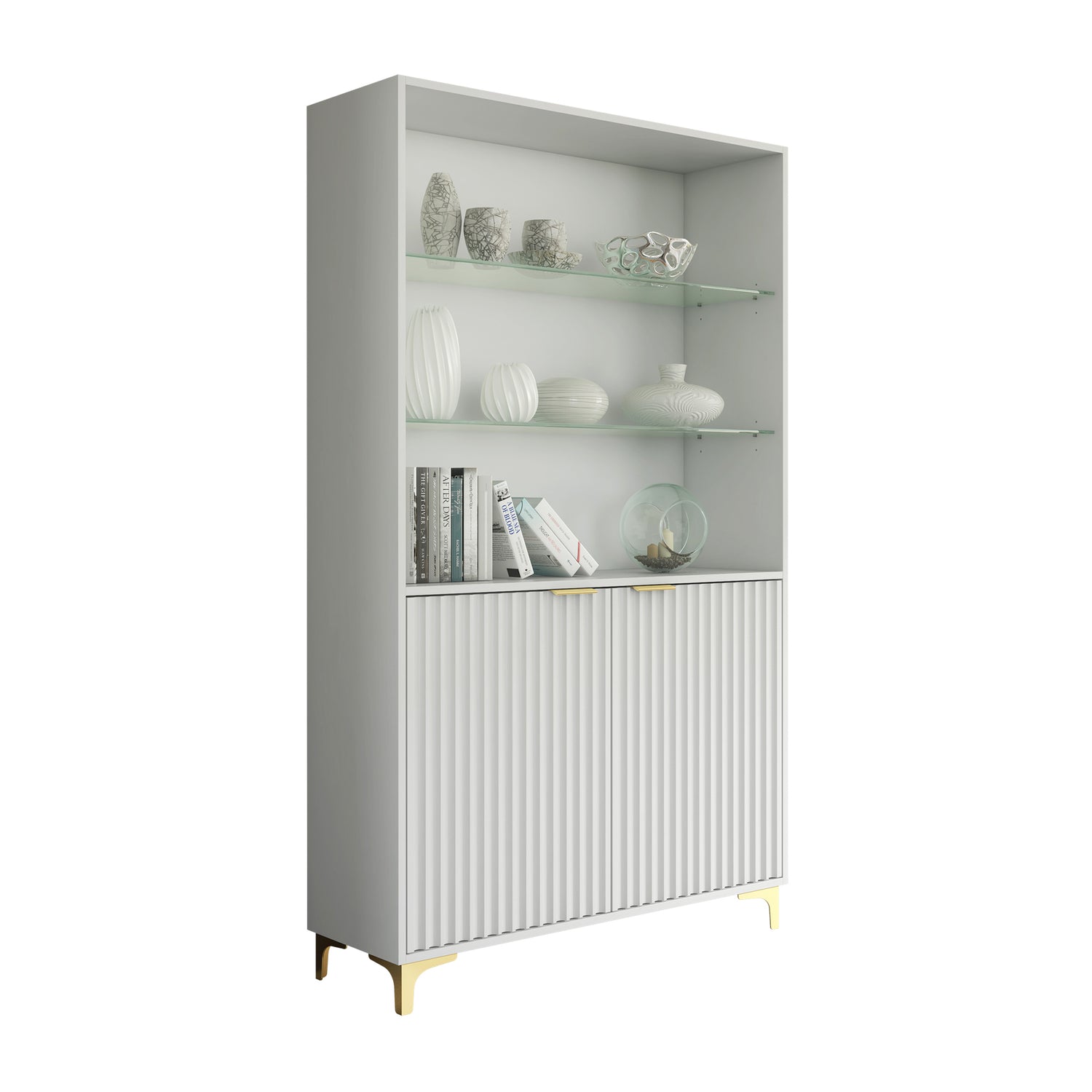 Display Cabinet – 100cm – Grooved Doors – Glass Shelves – Gold Legs – LIVARO Collection
