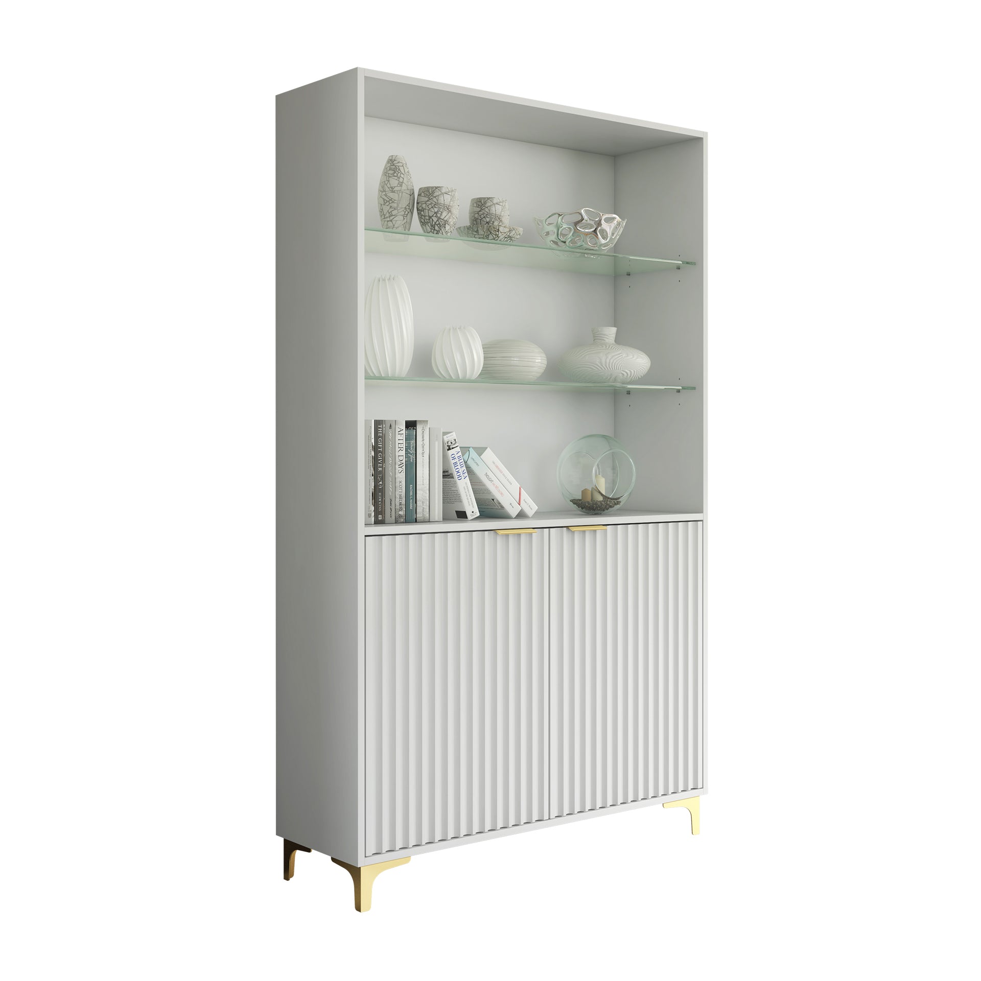 Display Cabinet – 100cm – Grooved Doors – Glass Shelves – Gold Legs – LIVARO Collection