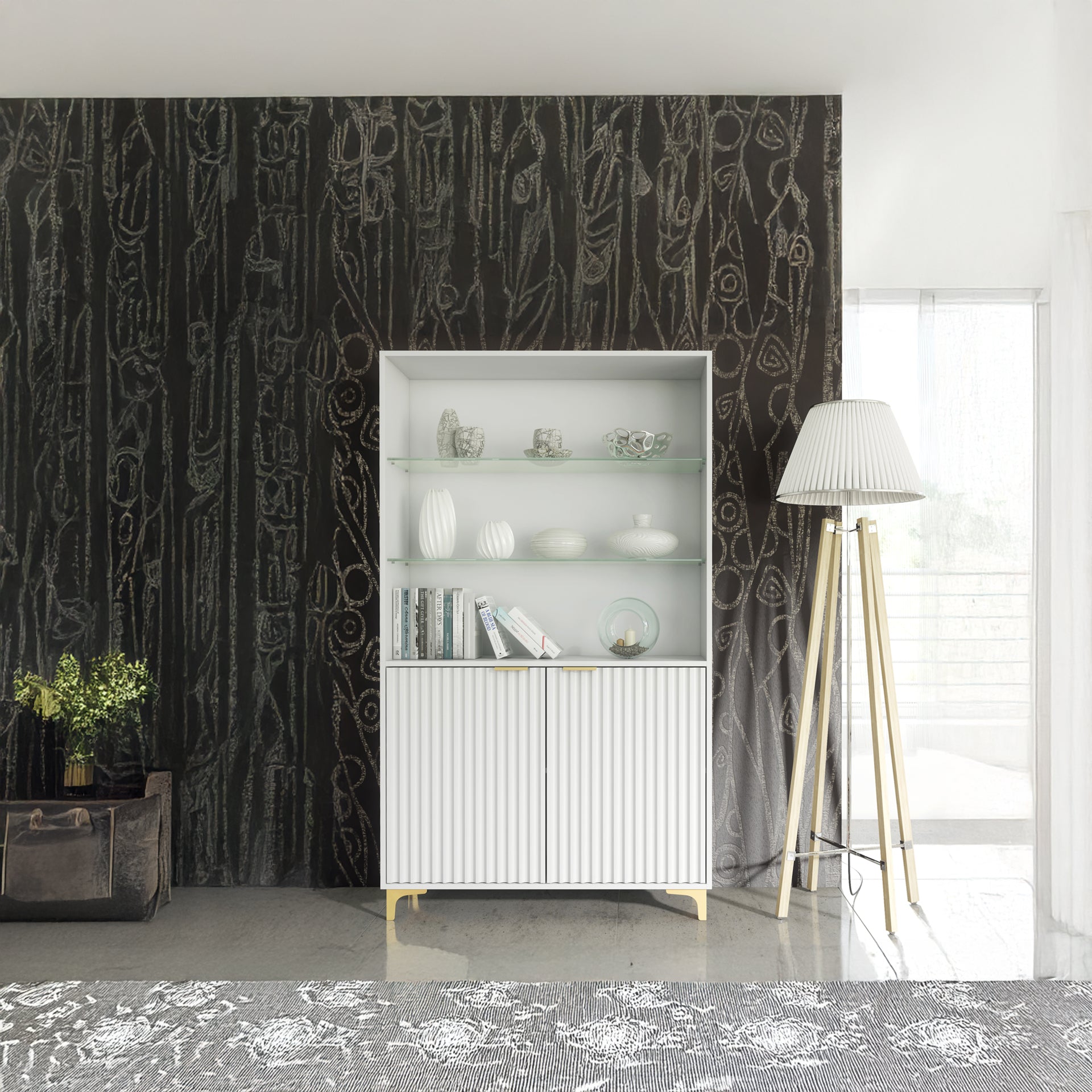 Display Cabinet – 100cm – Grooved Doors – Glass Shelves – Gold Legs – LIVARO Collection