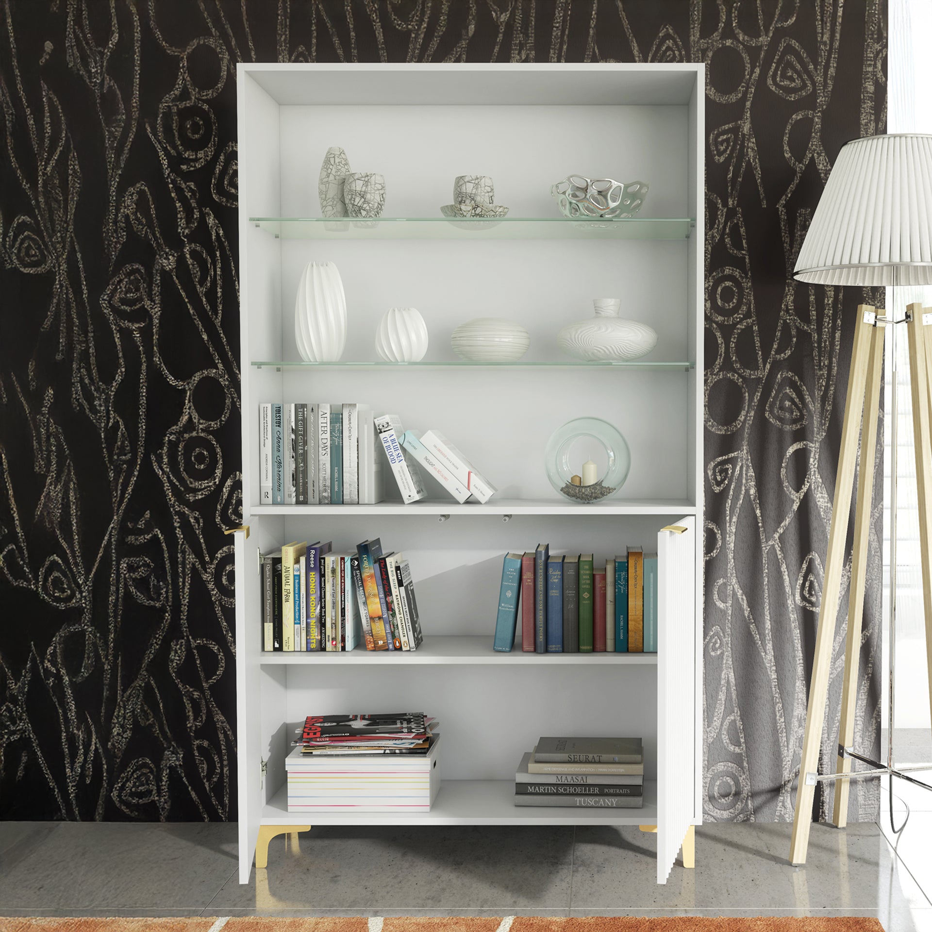Display Cabinet – 100cm – Grooved Doors – Glass Shelves – Gold Legs – LIVARO Collection