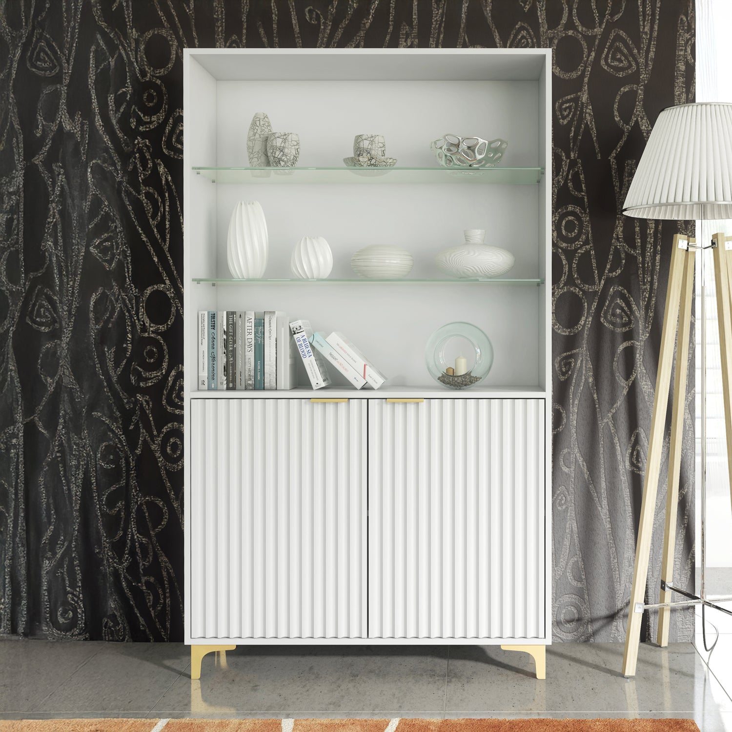 Display Cabinet – 100cm – Grooved Doors – Glass Shelves – Gold Legs – LIVARO Collection
