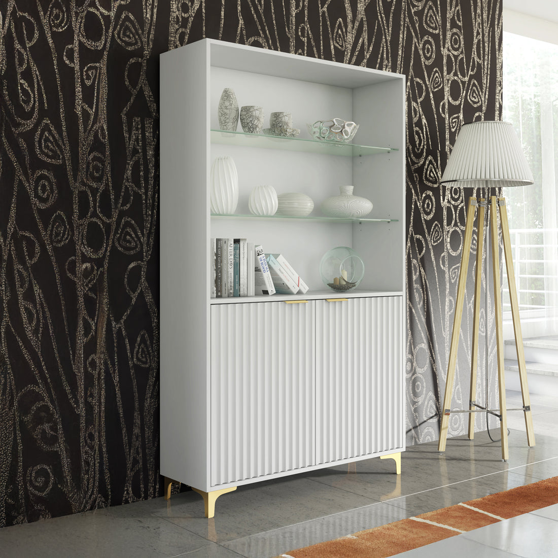 Display Cabinet – 100cm – Grooved Doors – Glass Shelves – Gold Legs – LIVARO Collection